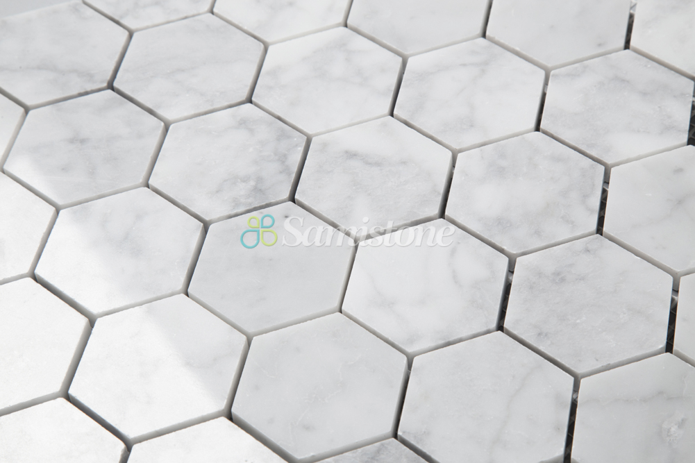 2" Polished Carrara White Hexagon Marble Mosaic Tile