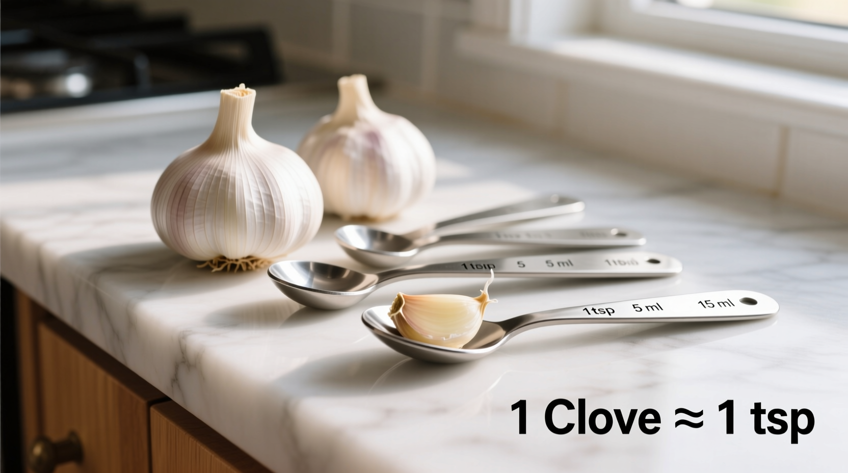 Garlic cloves next to measuring spoons showing conversion