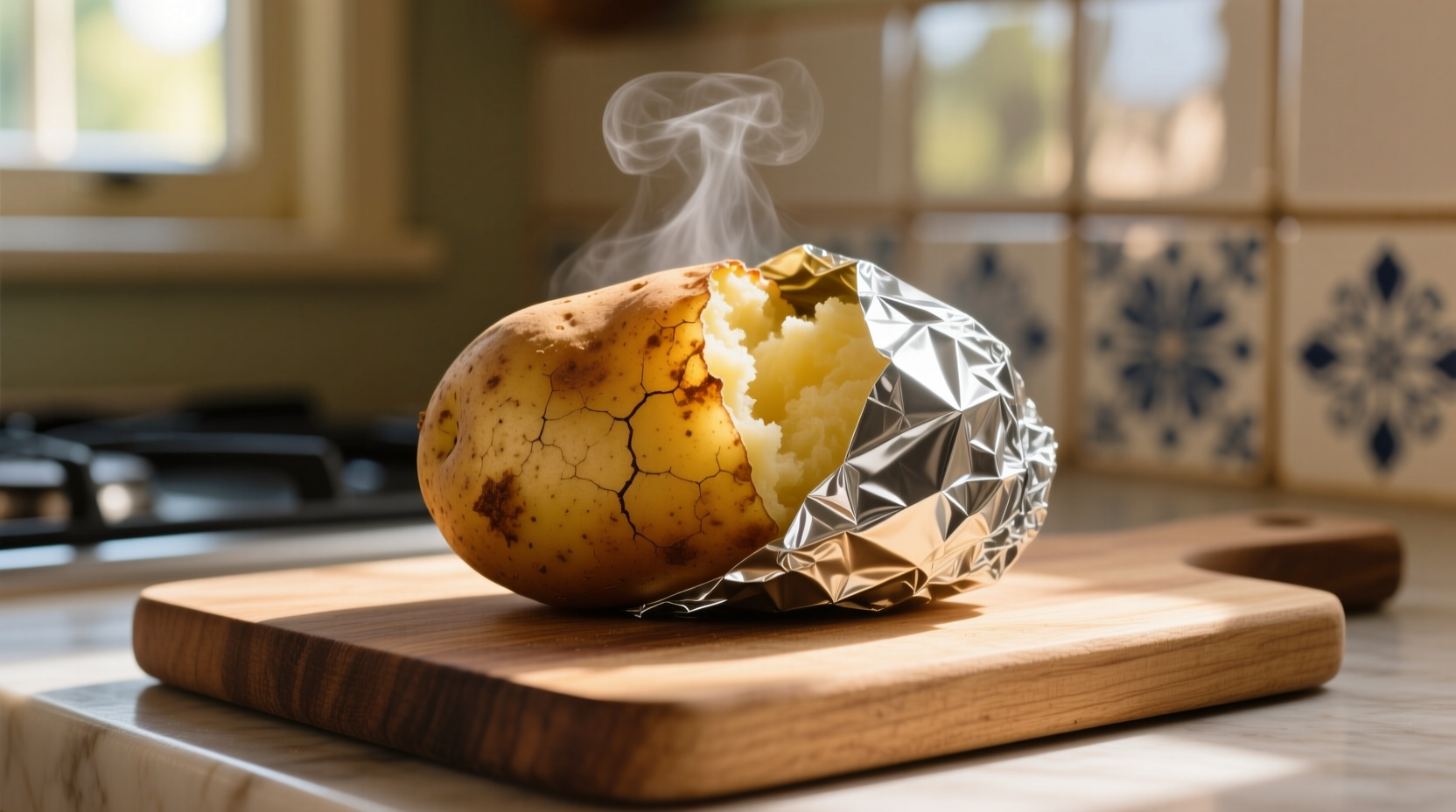 Perfectly baked potato wrapped in foil