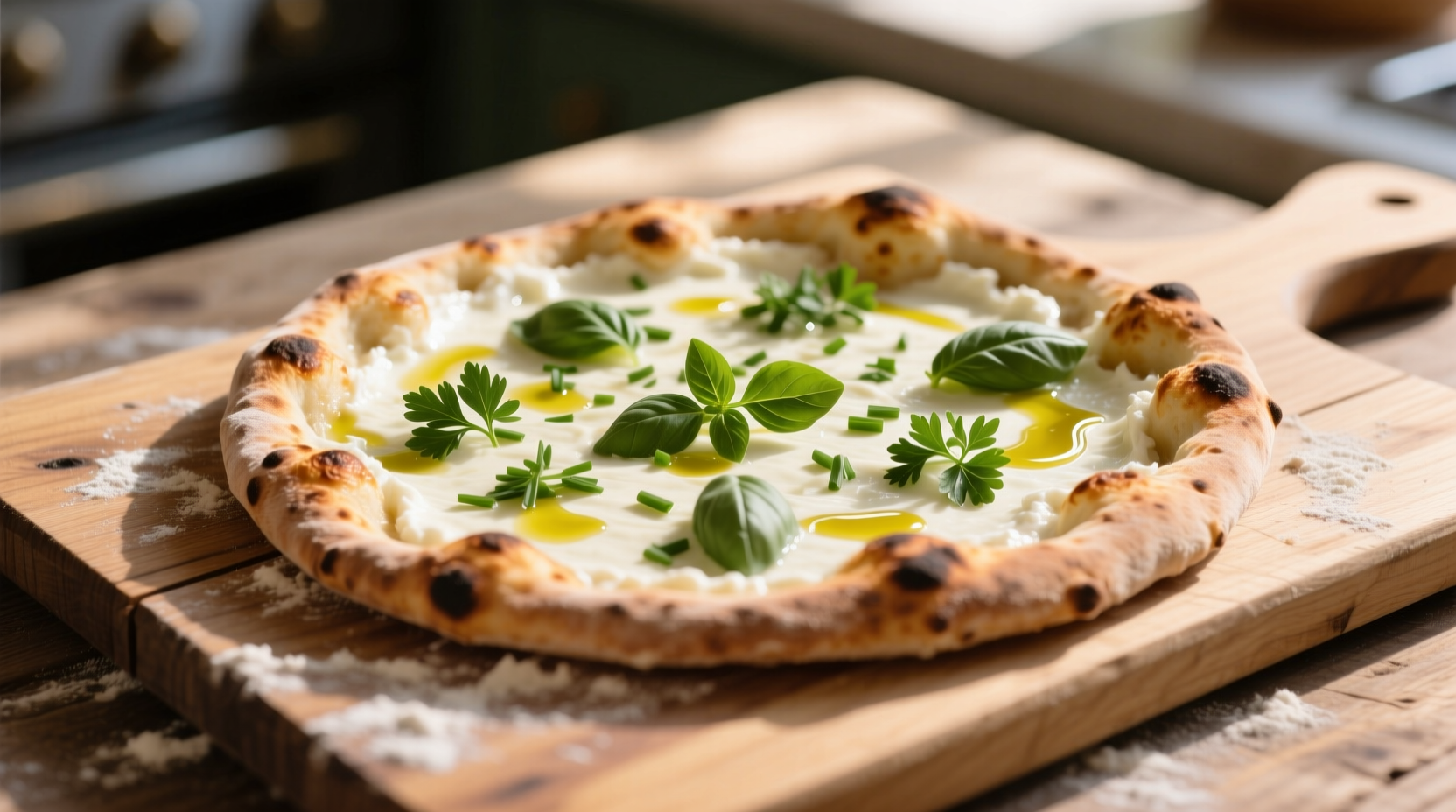 Ricotta and herb white pizza on wooden board