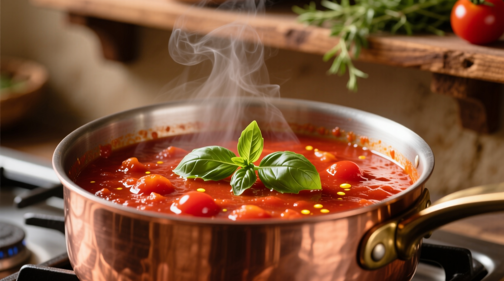 Fresh cherry tomato sauce in copper pot with basil garnish