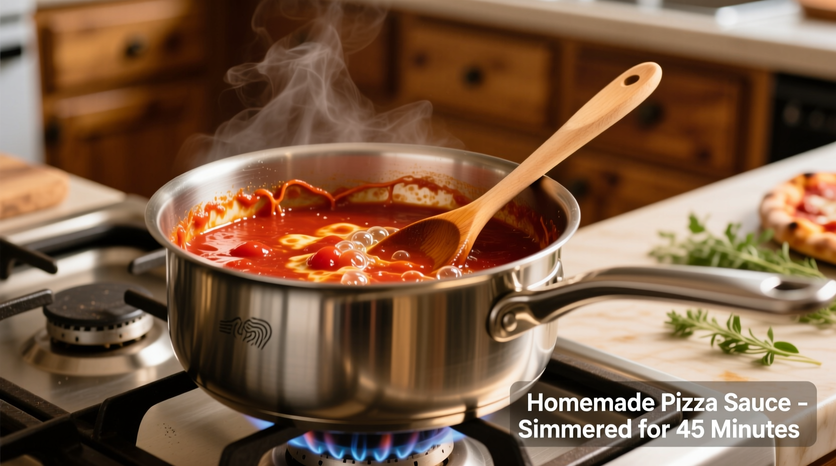 Homemade pizza sauce simmering in stainless steel pot