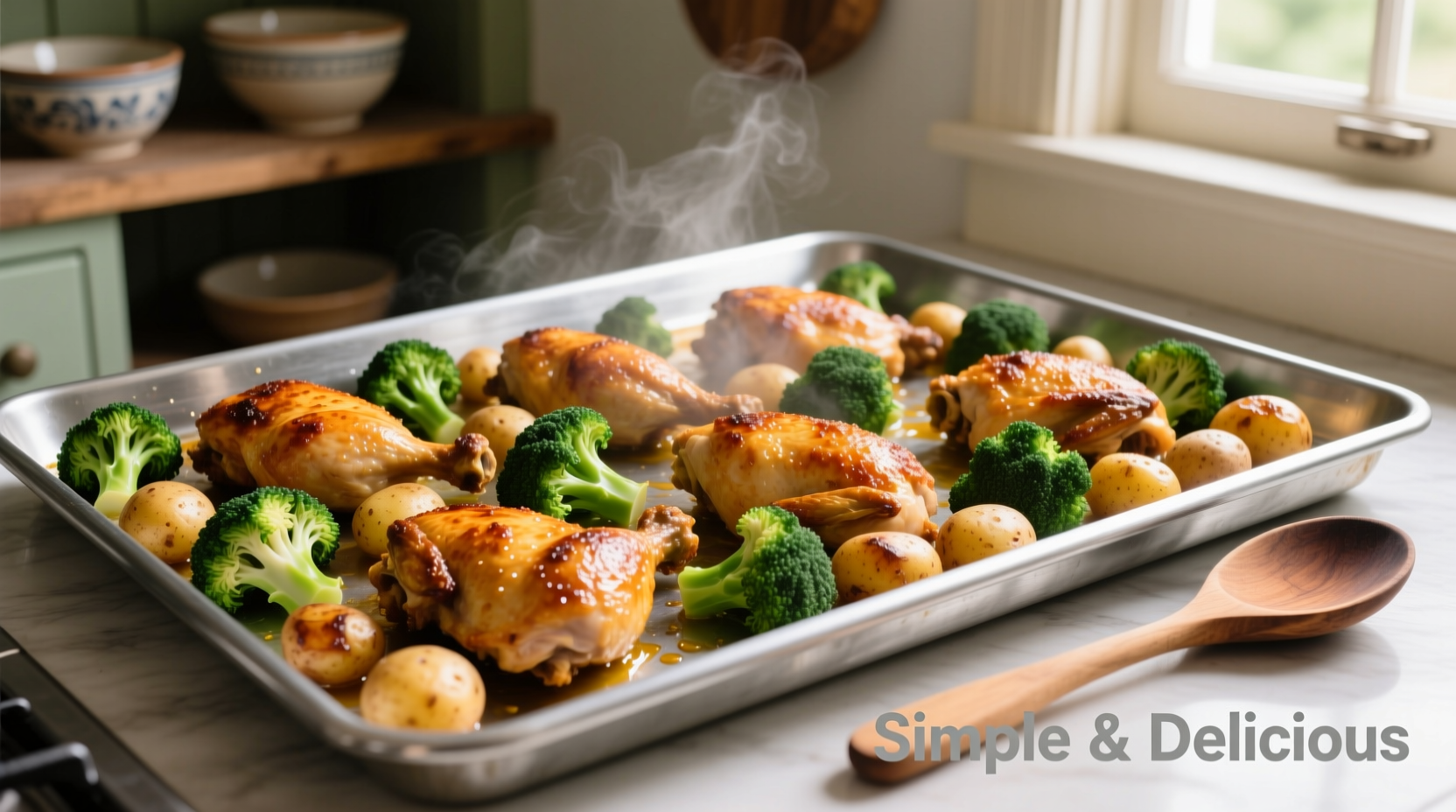 Roasted chicken broccoli potato dinner on sheet pan