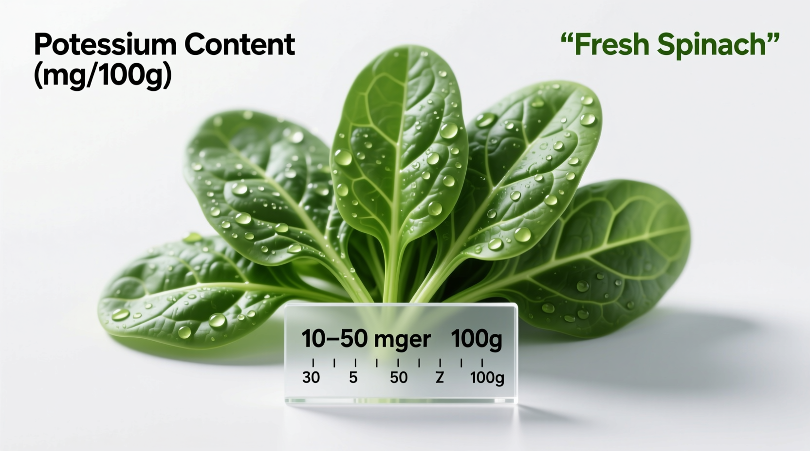 Fresh spinach leaves with potassium measurement chart