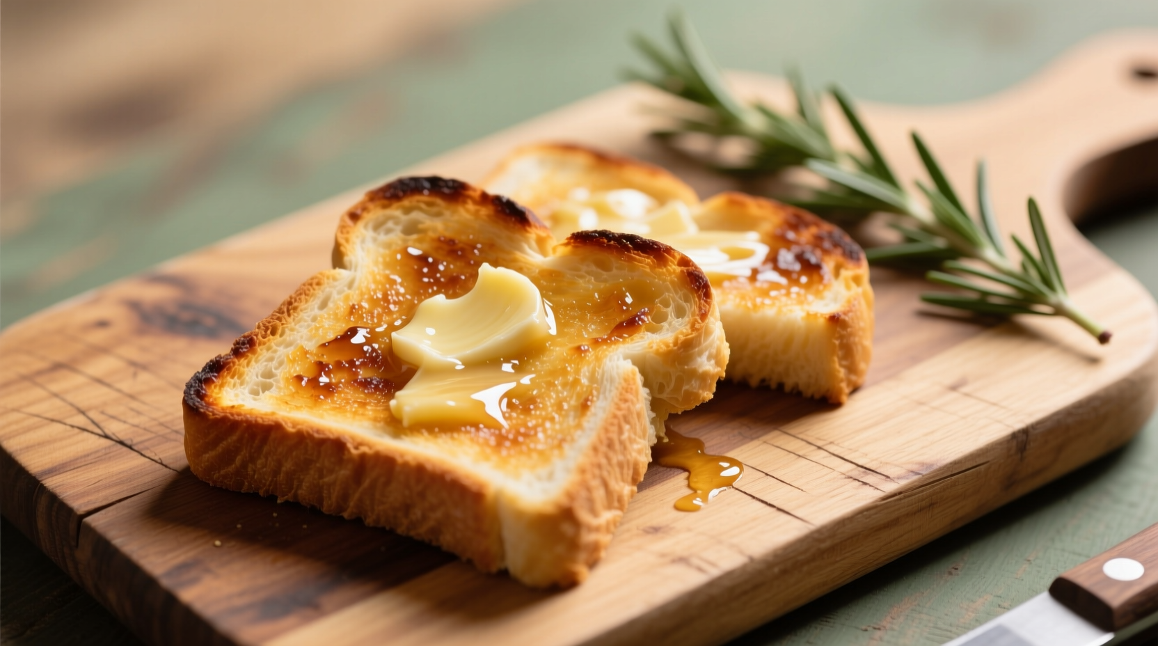 Perfectly golden garlic toast on wooden board