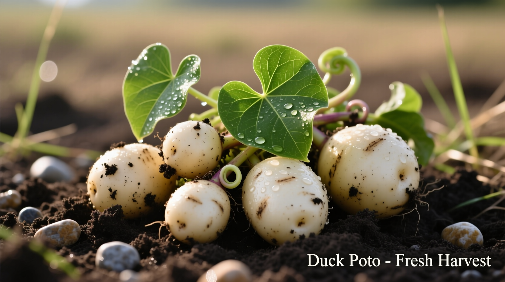 Freshly harvested duck potato tubers with arrowhead leaves