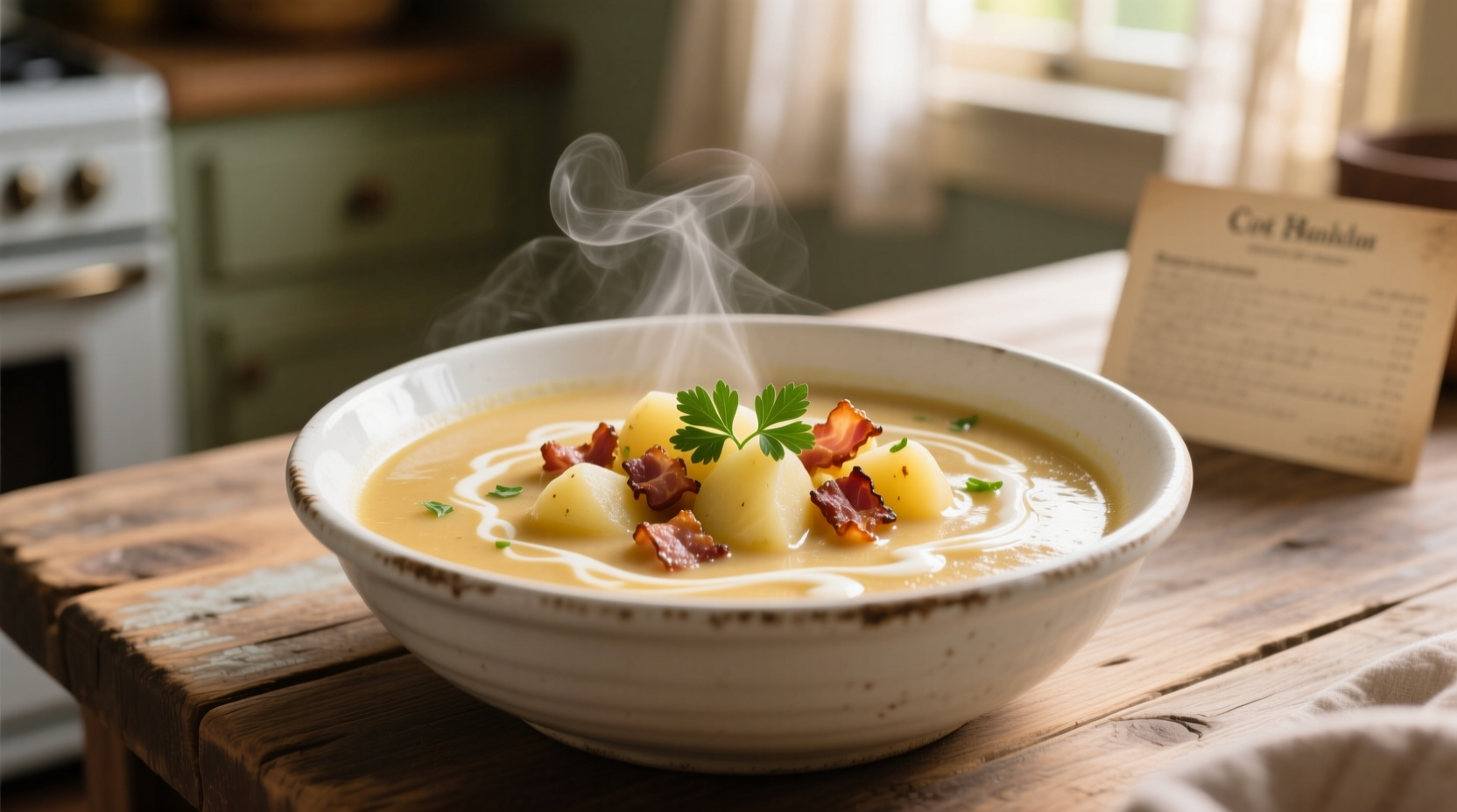 Creamy crockpot potato bacon soup in white bowl