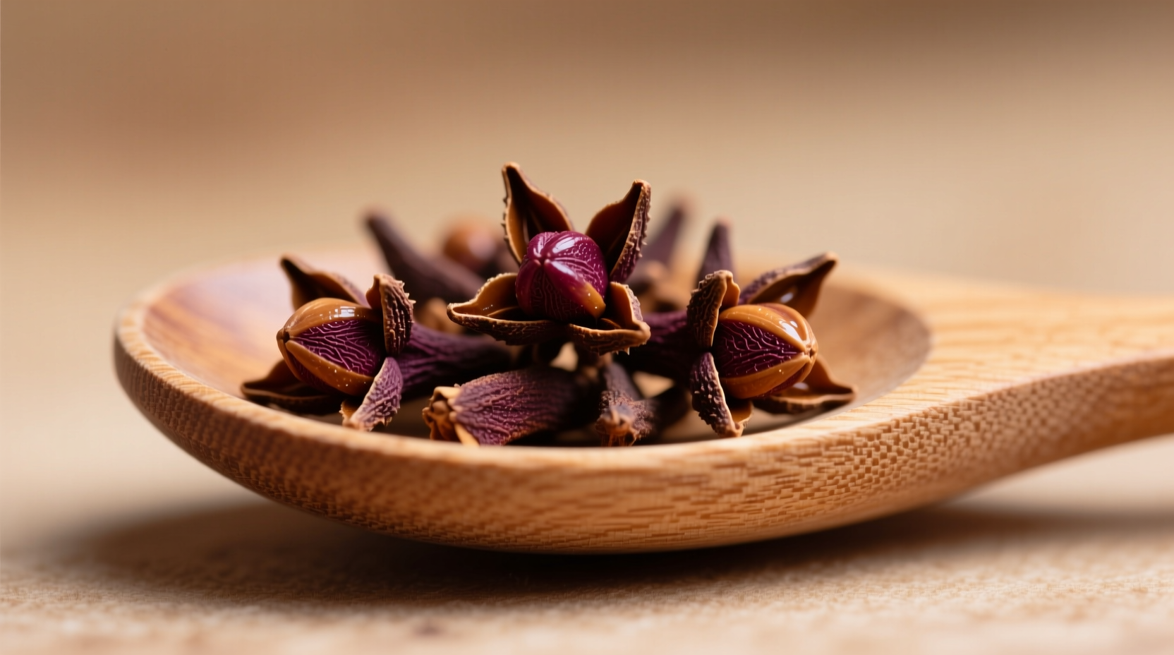 Whole clove buds on wooden spoon