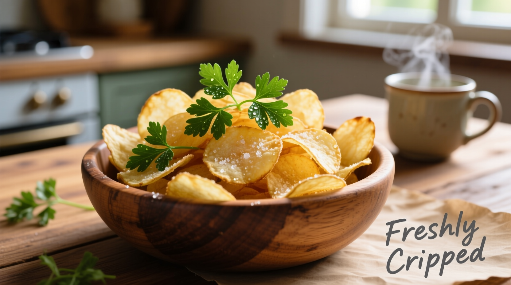 Homemade potato chips in wooden bowl with fresh parsley