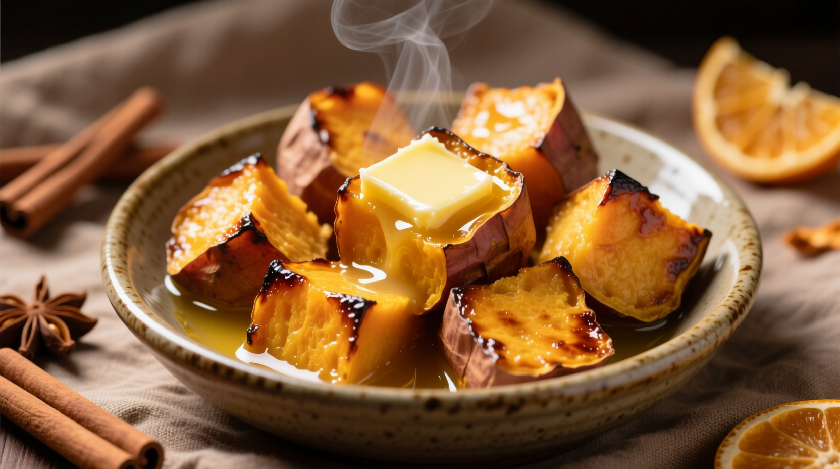 Golden roasted sweet potato cubes with melted butter