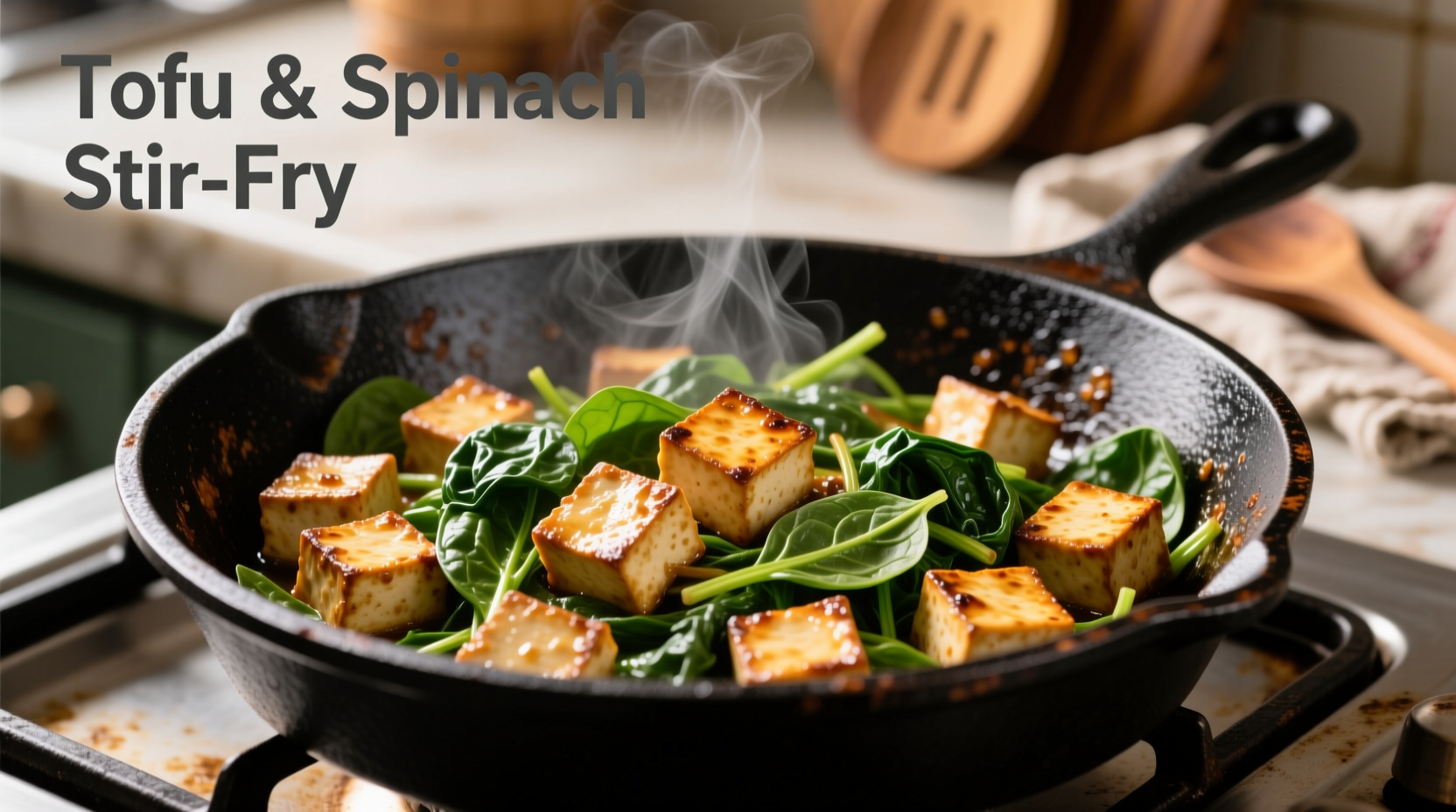Tofu and spinach stir-fry in cast iron pan
