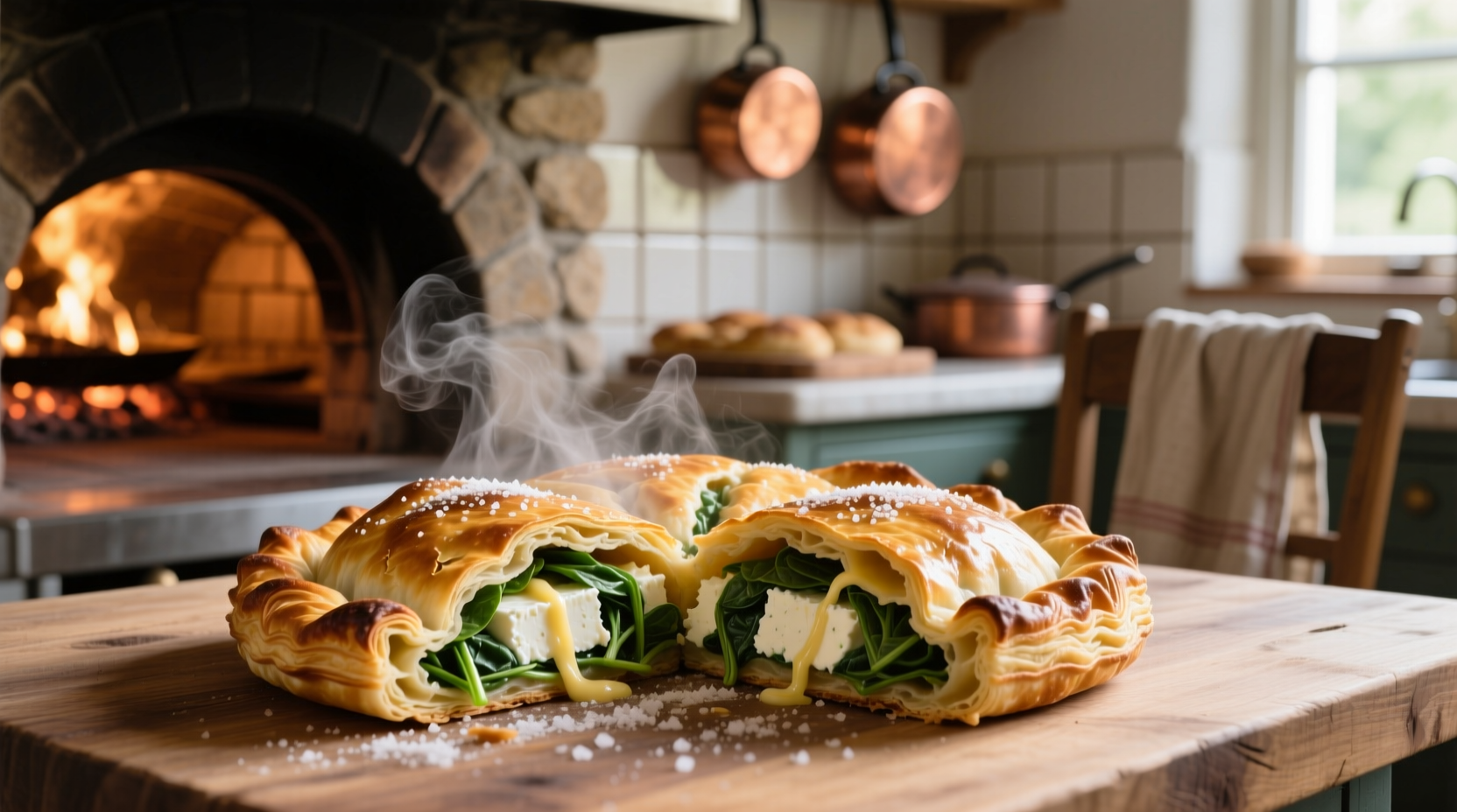 Golden feta spinach pastry fresh from oven