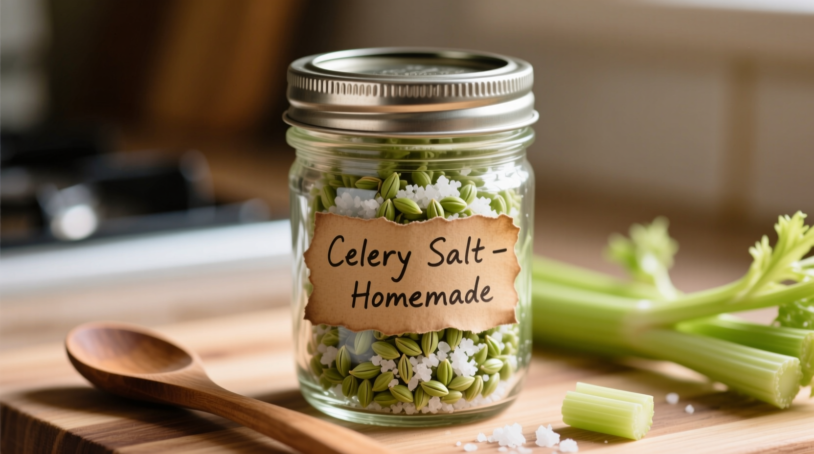Homemade celery salt seasoning in glass jar with celery seeds