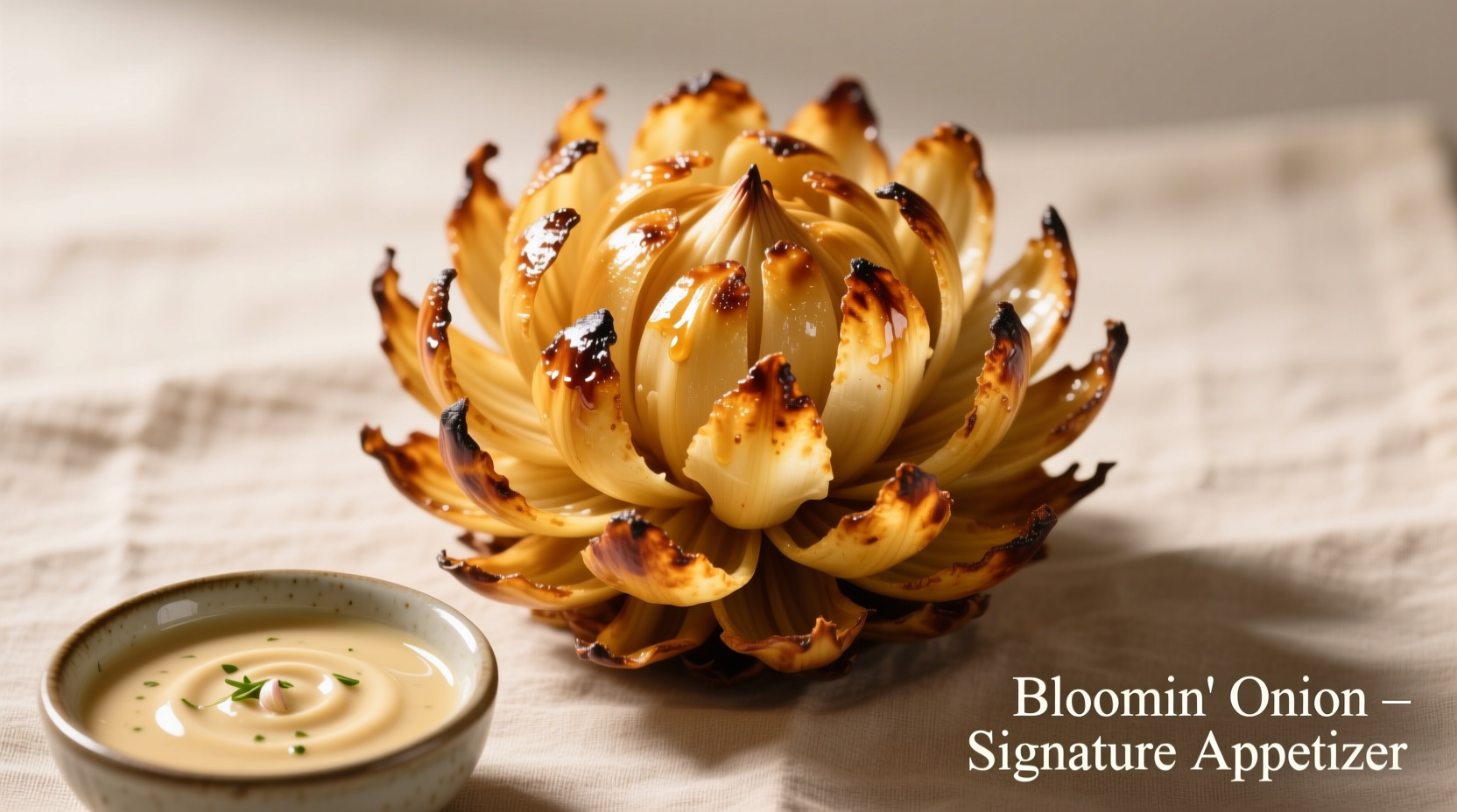 Freshly prepared Bloomin Onion with dipping sauce