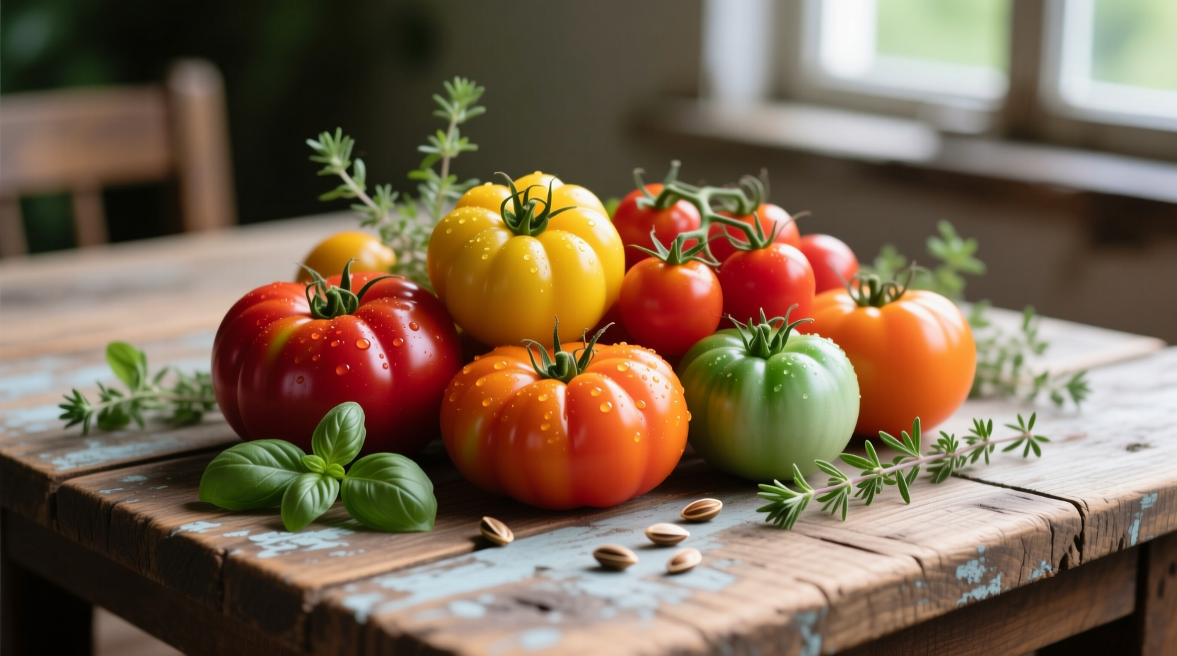 Colorful arrangement of sweet tomato varieties on wooden table