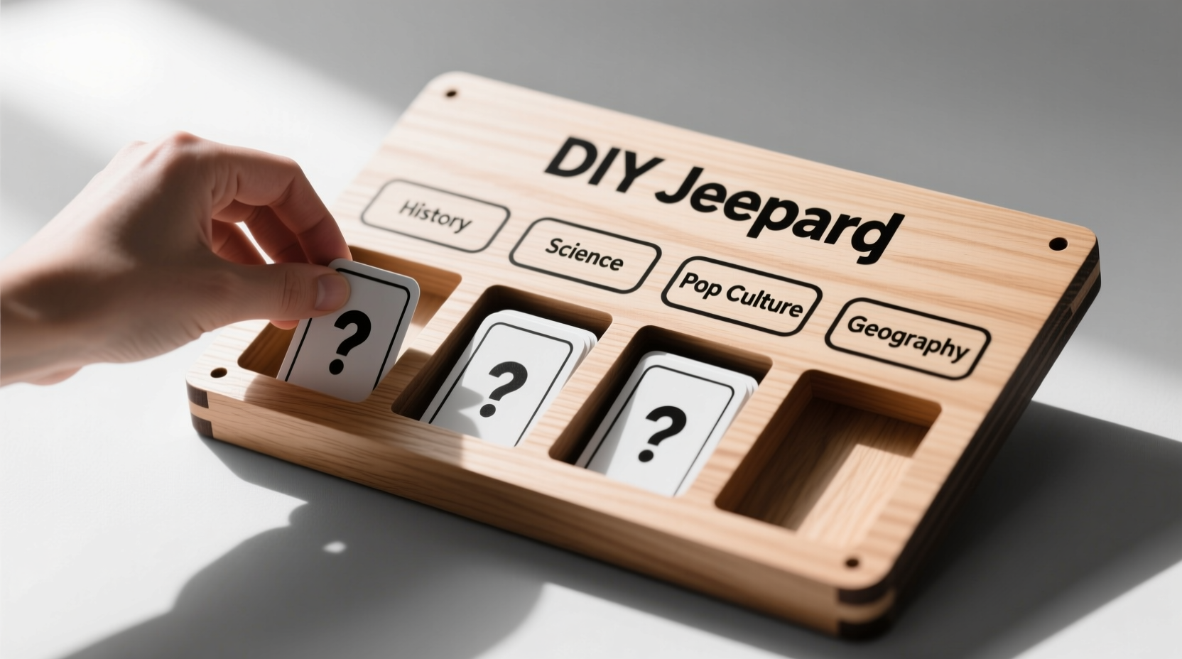 Hand placing laminated question cards into wooden category slots