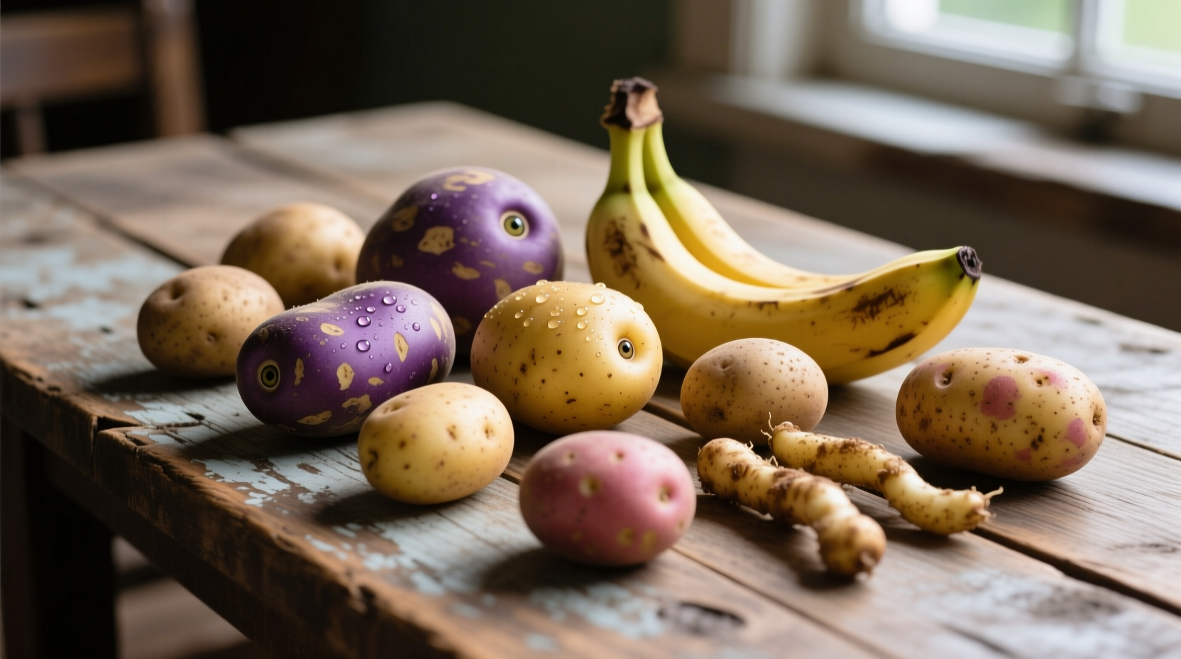 Varieties of potatoes on wooden table