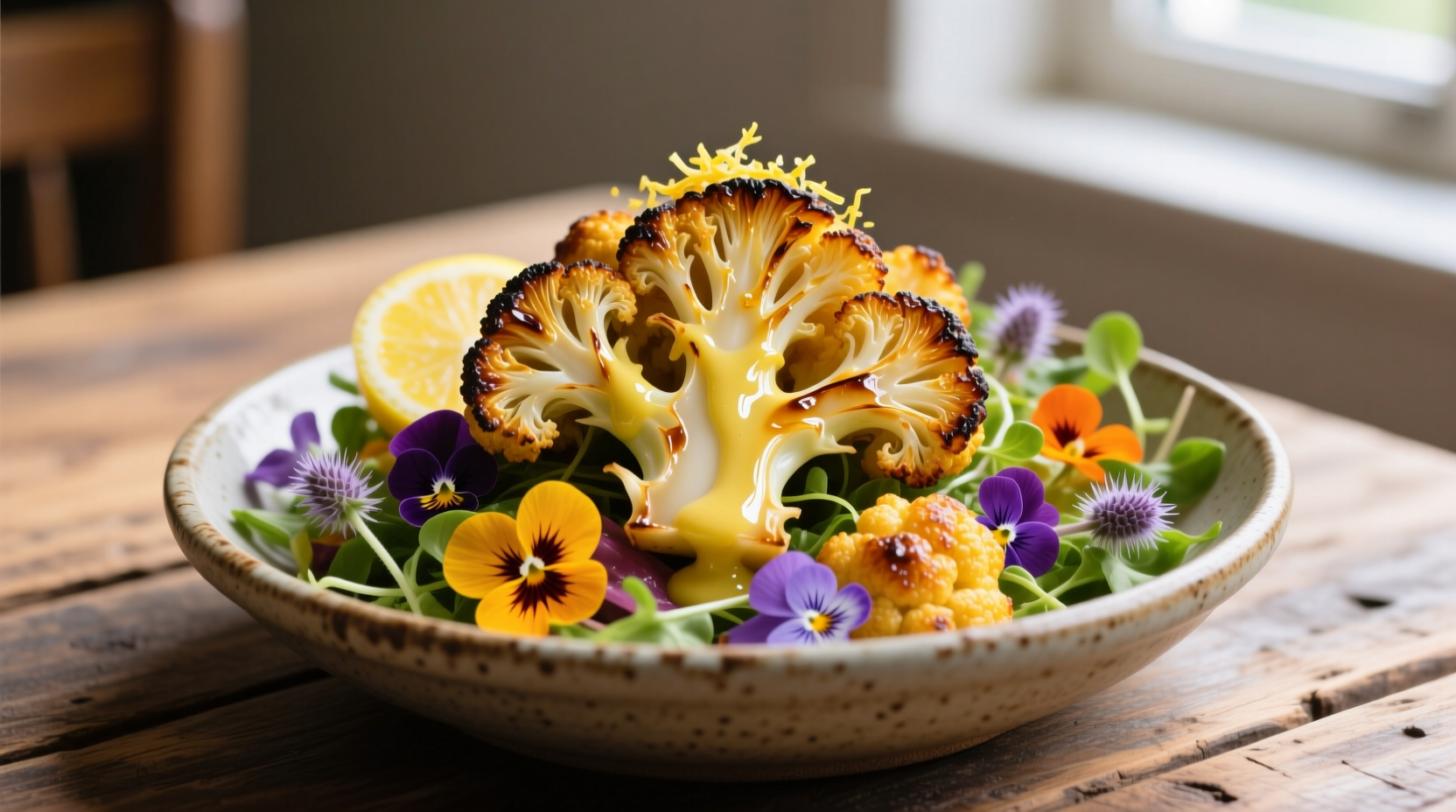 Colorful roasted cauliflower salad with lemon dressing