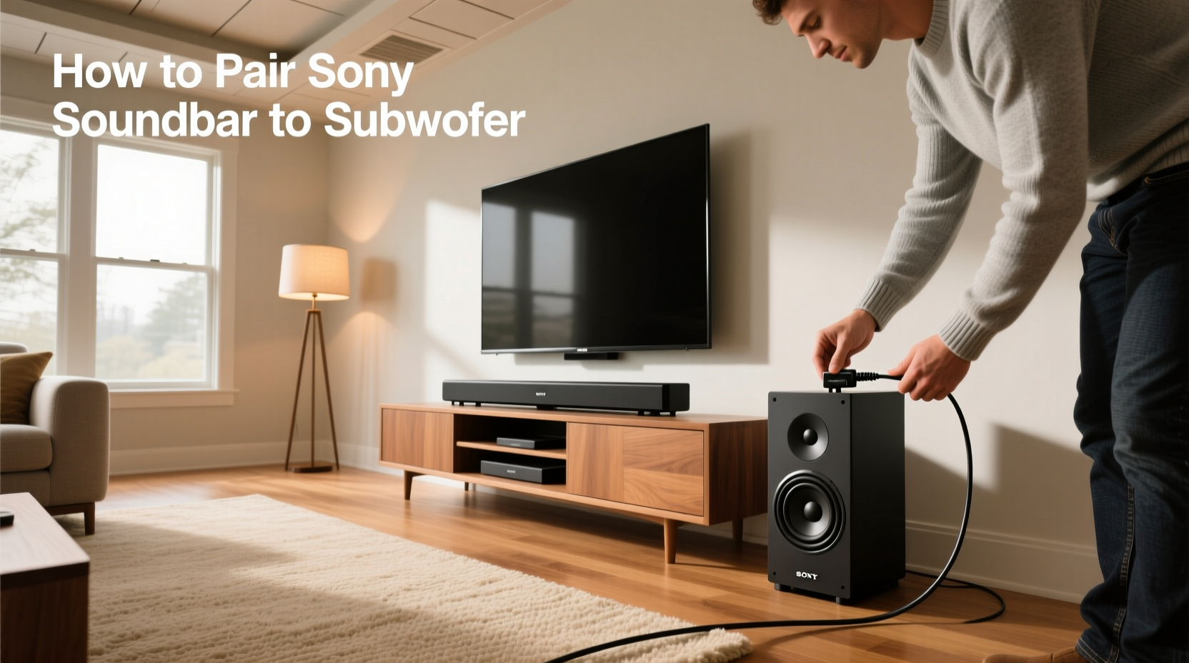 Sony soundbar and subwoofer setup showing rear connections and LED indicators