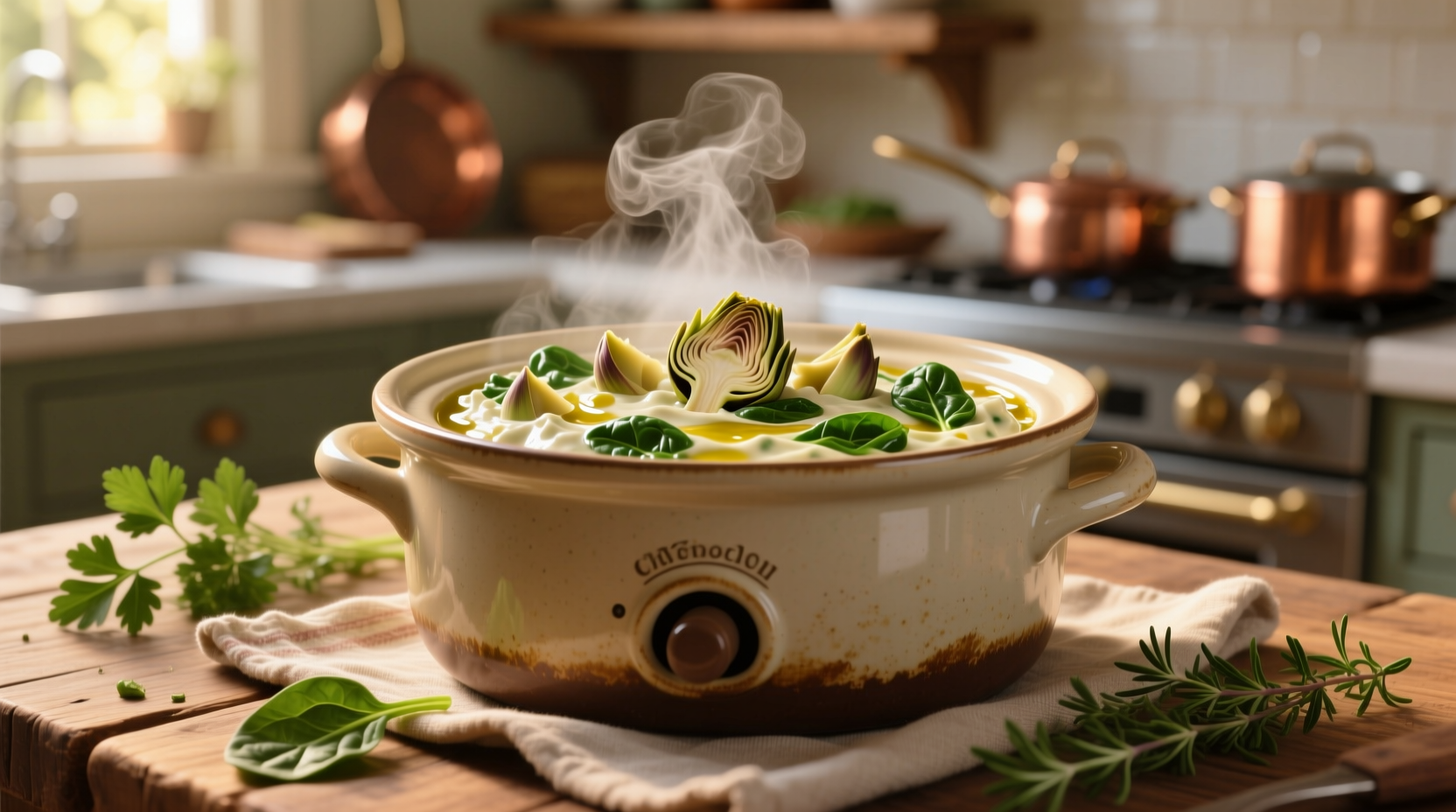 Slow cooker filled with creamy artichoke spinach dip