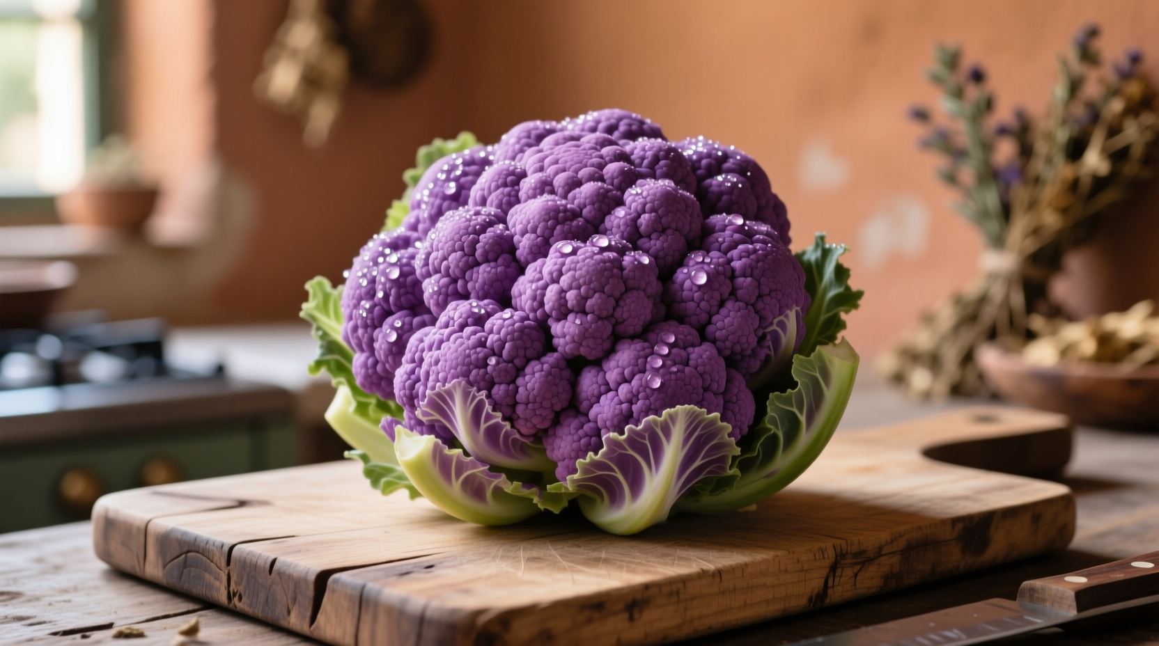 Purple Sicilian cauliflower on wooden cutting board
