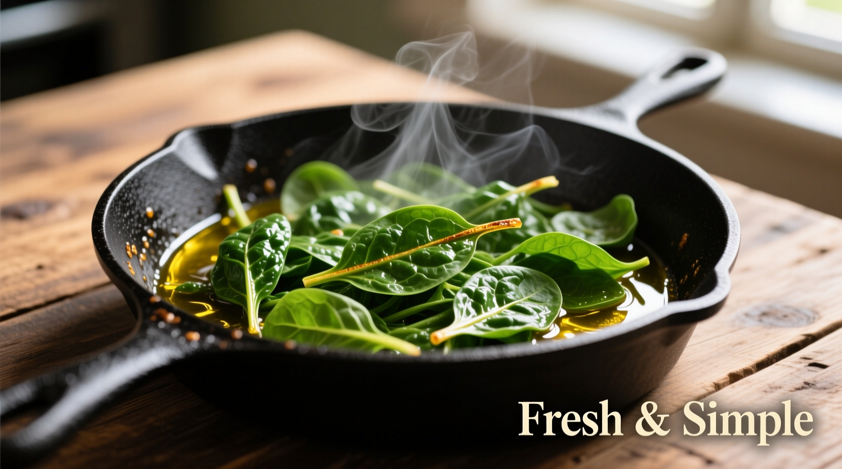 Freshly cooked spinach in a cast iron skillet