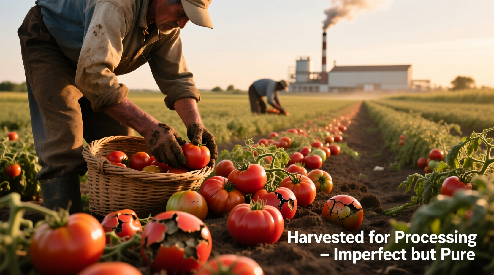 Field of imperfect tomatoes being harvested for processing