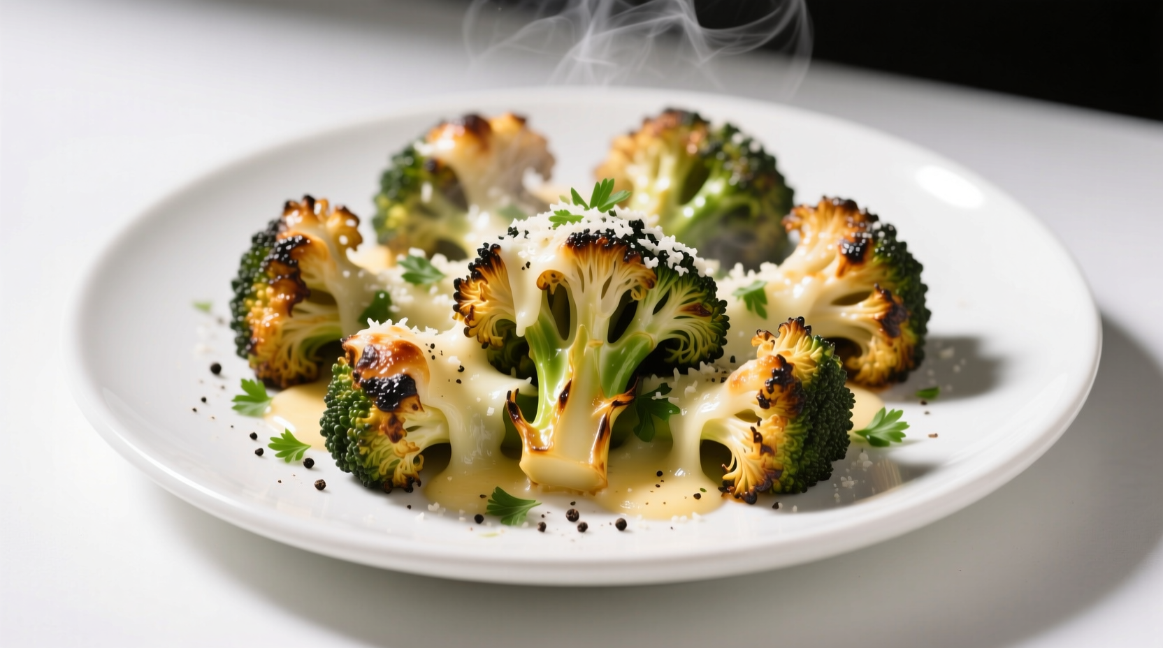 Crispy roasted garlic parmesan broccoli on white plate