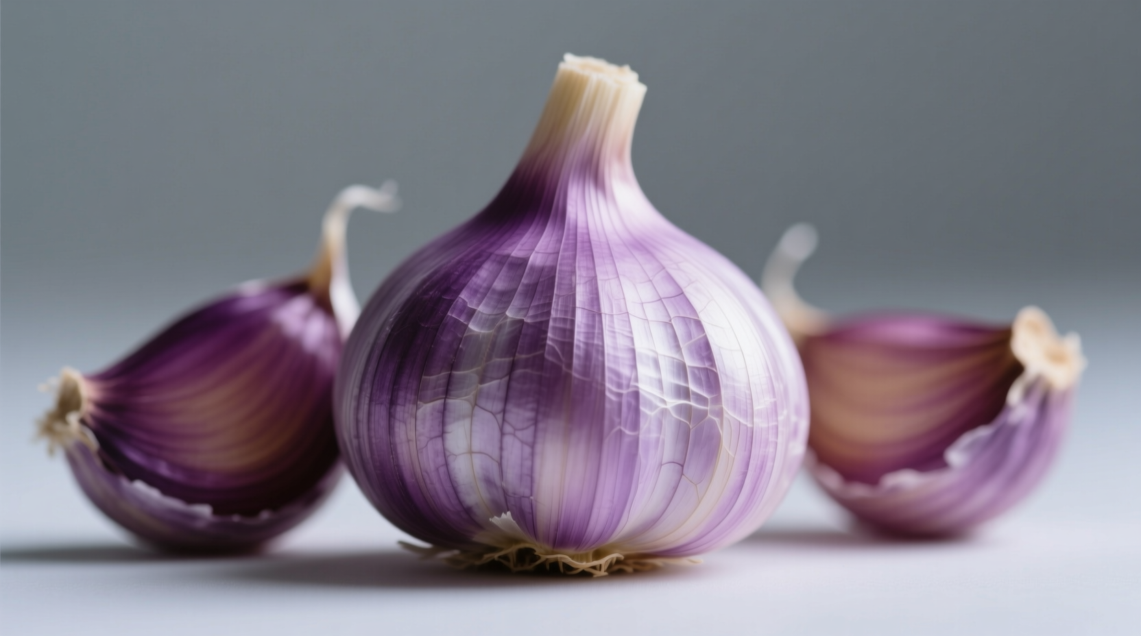Close-up of purple garlic cloves showing natural color variation