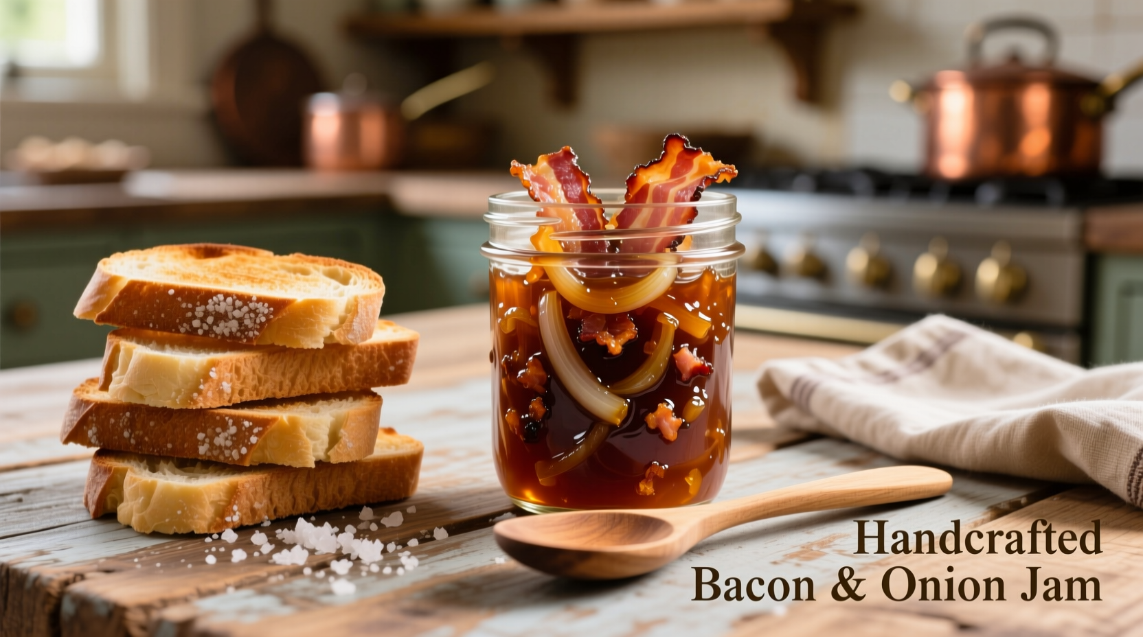Homemade bacon and onion jam in a mason jar with crostini