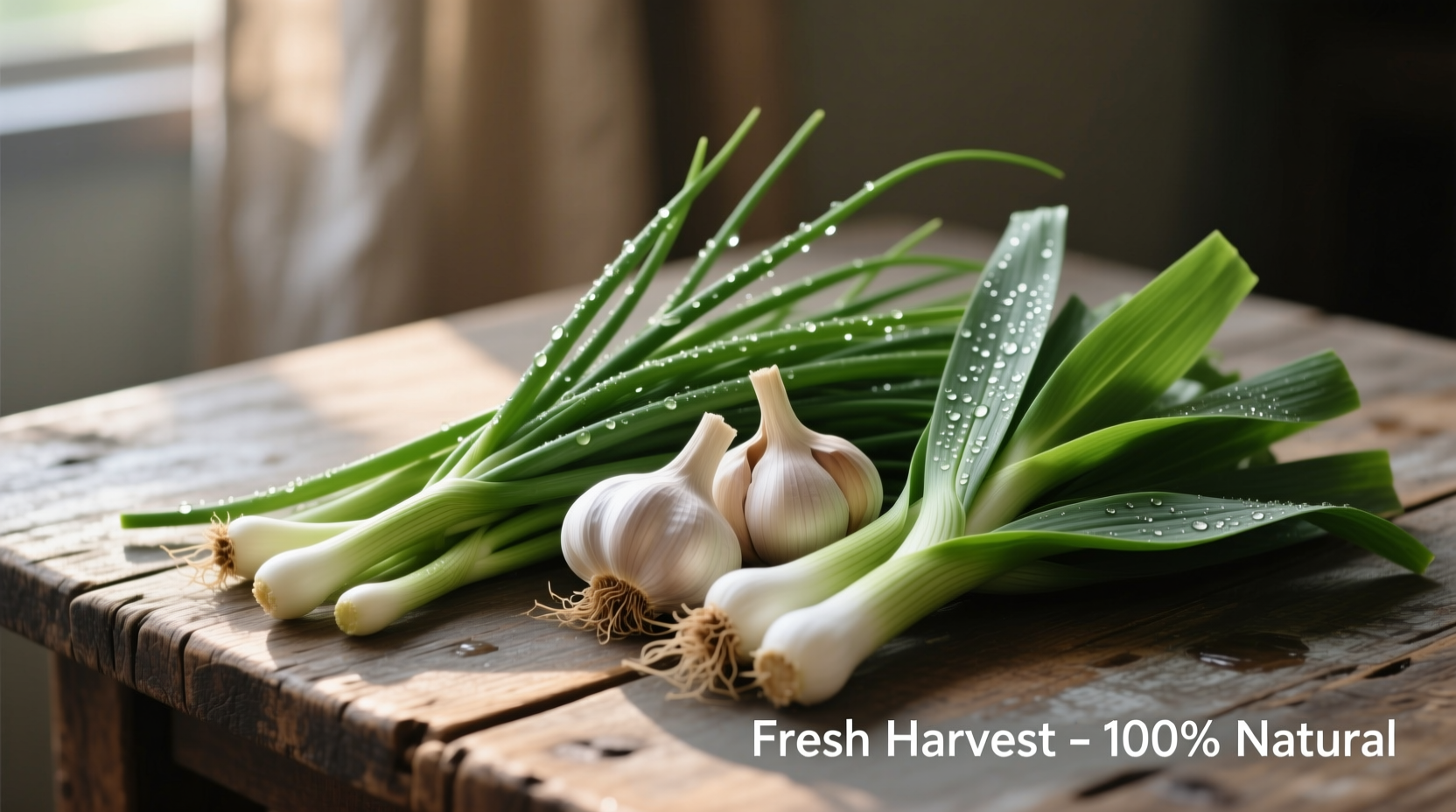 Fresh chives, garlic bulbs, and garlic chives side by side