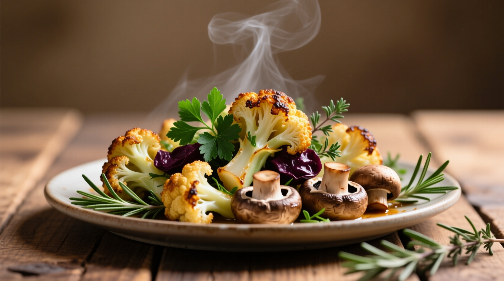 Roasted cauliflower and mushrooms with herbs