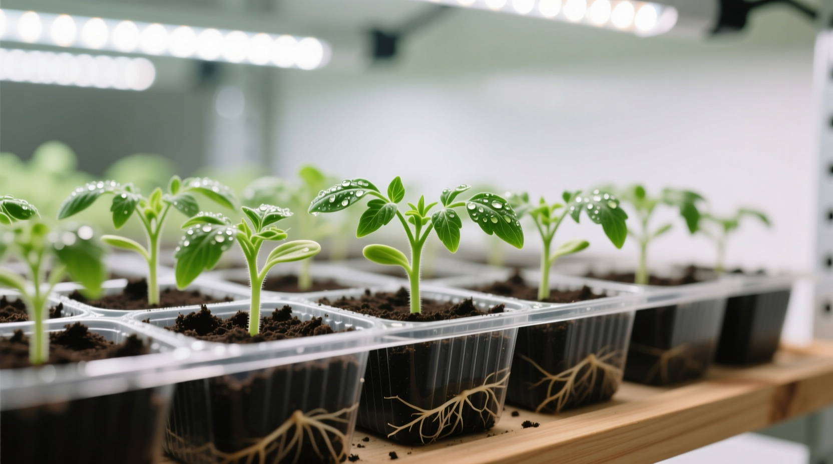 Tomato seedlings in starter trays with proper lighting