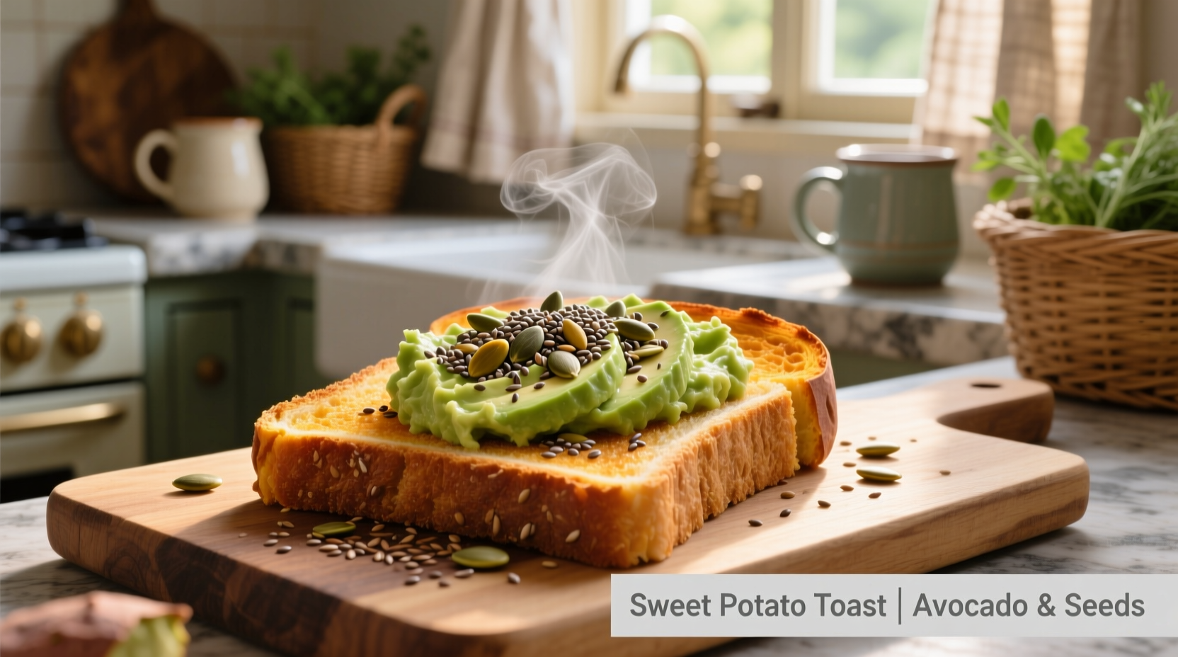 Süßkartoffel-Frühstücks-Toast mit Avocado und Samen