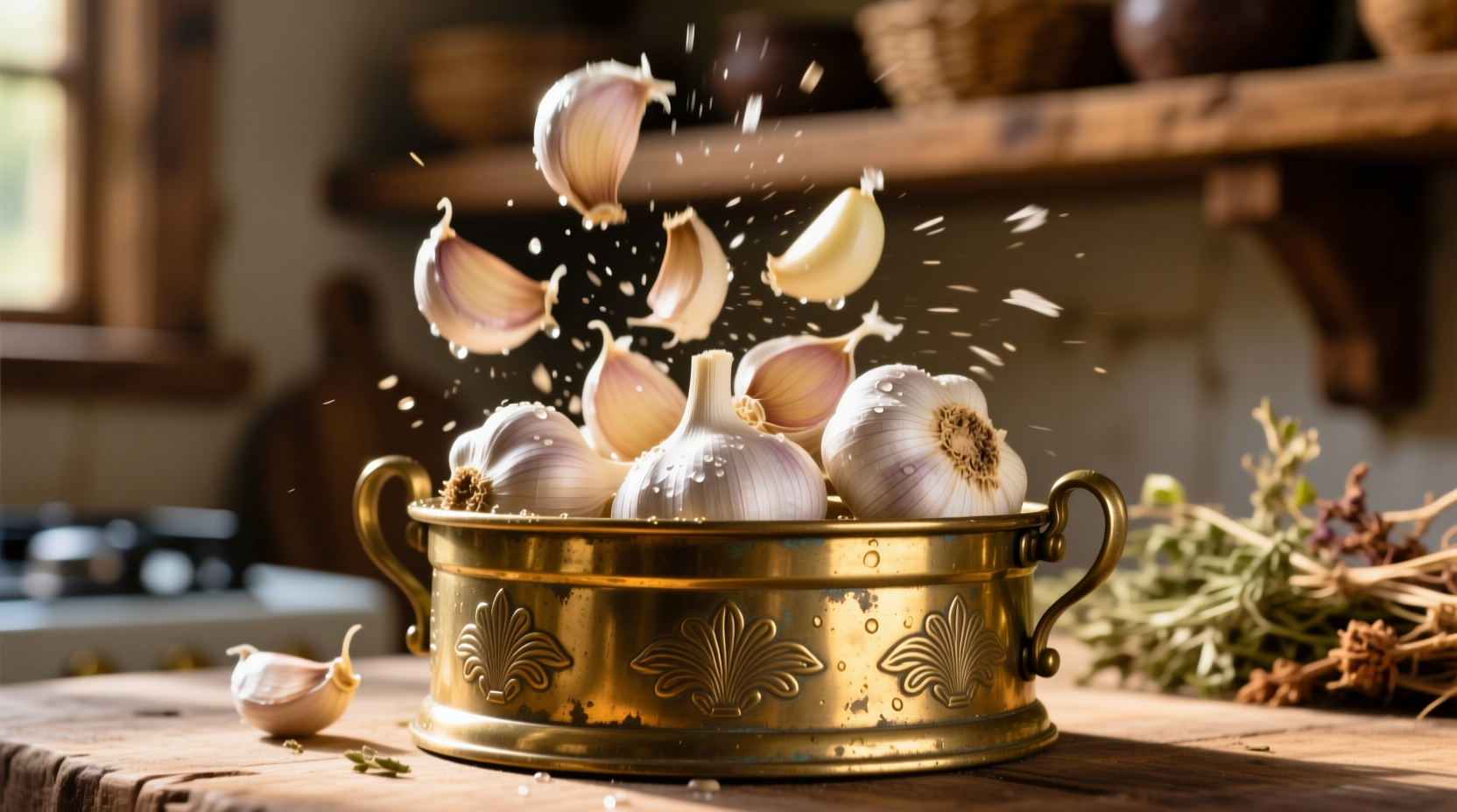 Garlic cloves being shaken in metal container