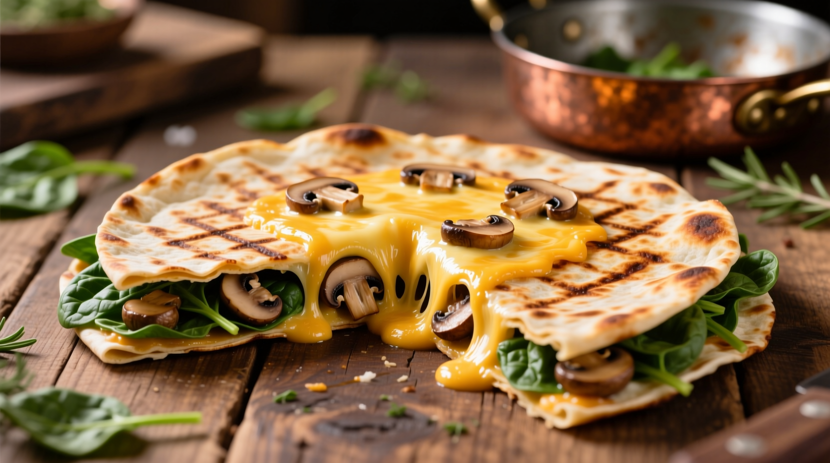 Golden brown spinach mushroom quesadilla with melted cheese
