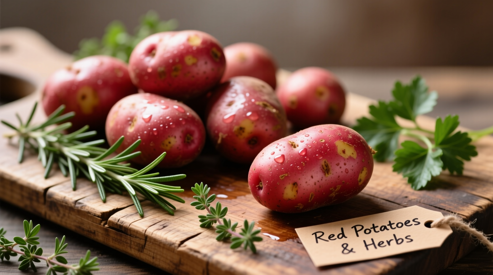 Red potatoes with herbs on wooden cutting board