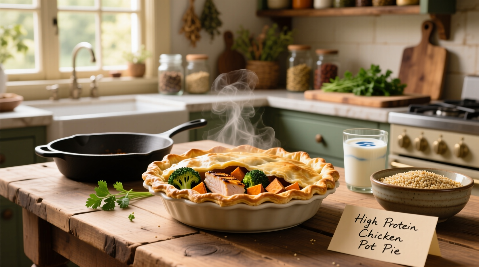 Nutritional breakdown chart comparing protein, carbs, and fat in high-protein vs. traditional chicken pot pie