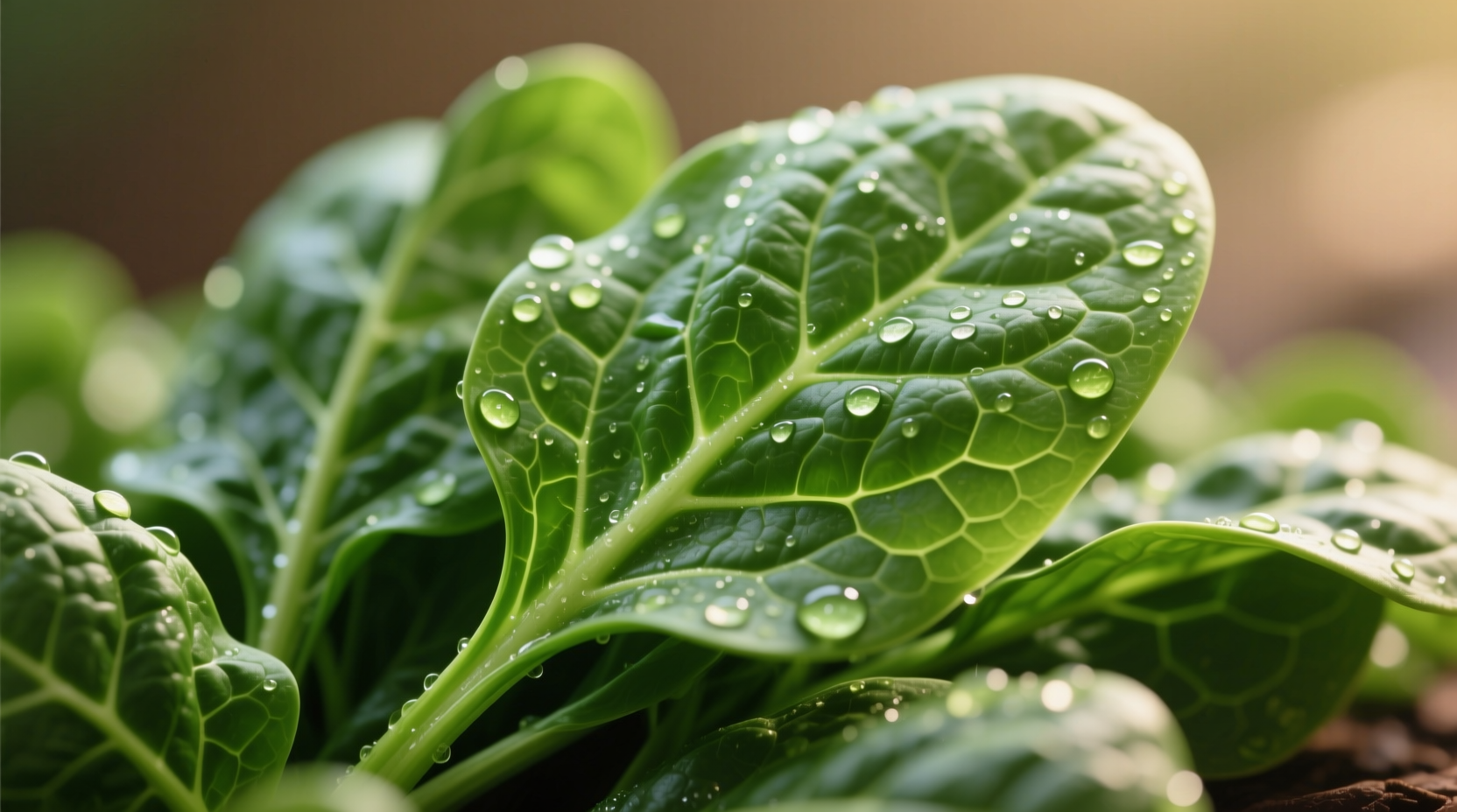 Close-up of fresh spinach leaves showing vibrant green color and smooth texture