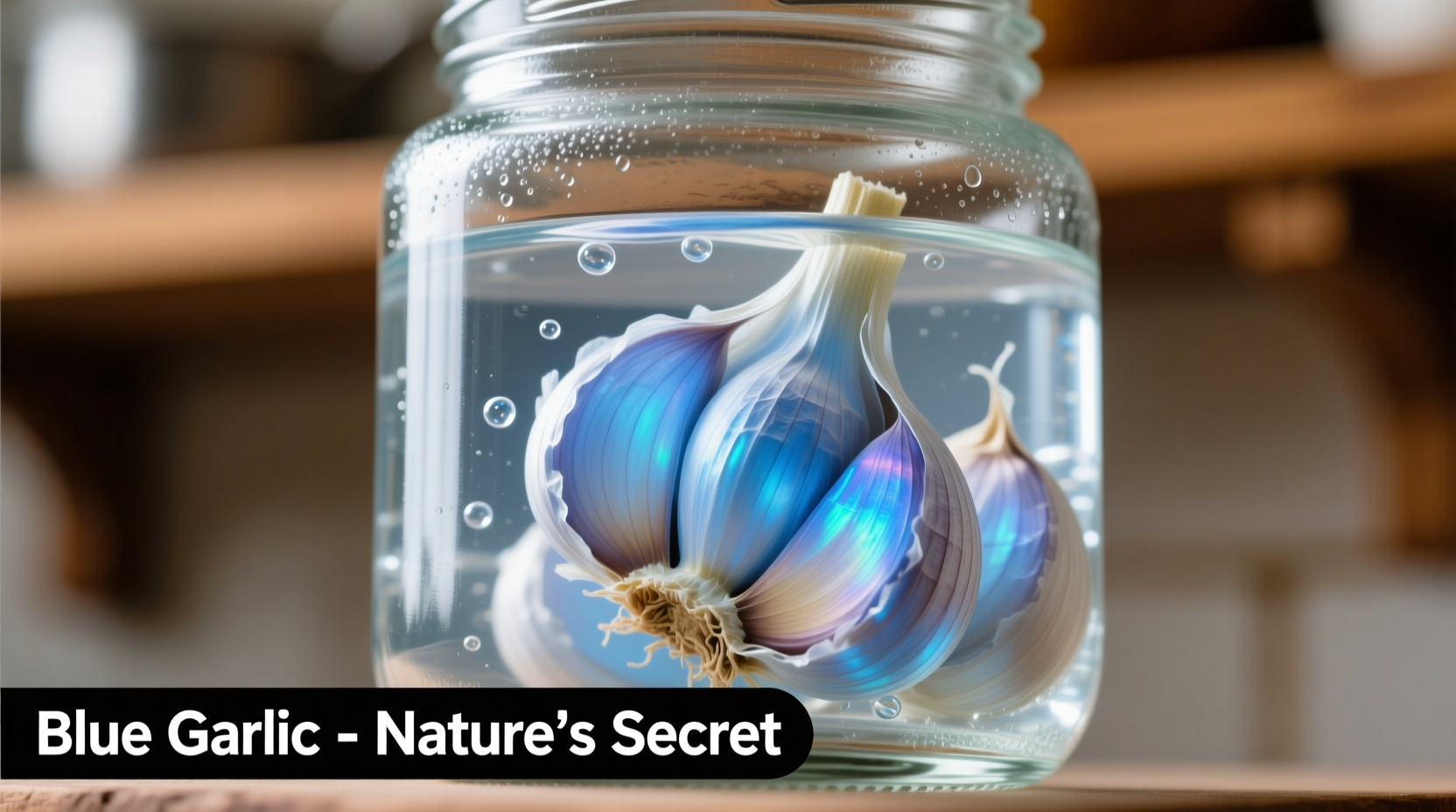 Close-up of blue-tinged garlic cloves in a glass jar