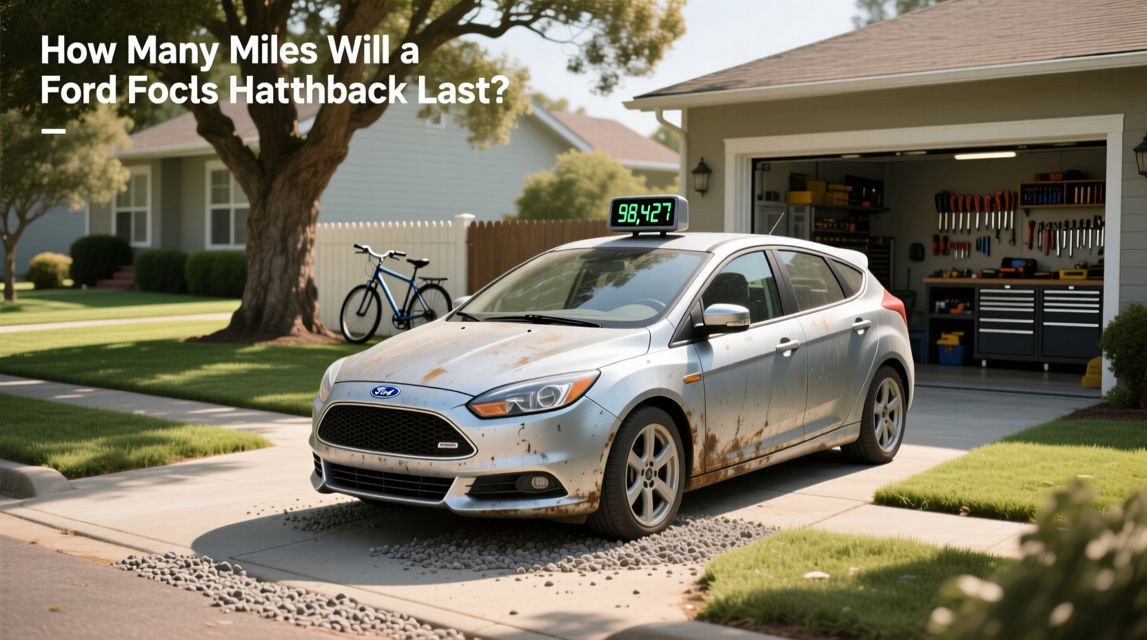 Used Ford Focus hatchback lined up at outdoor dealership lot