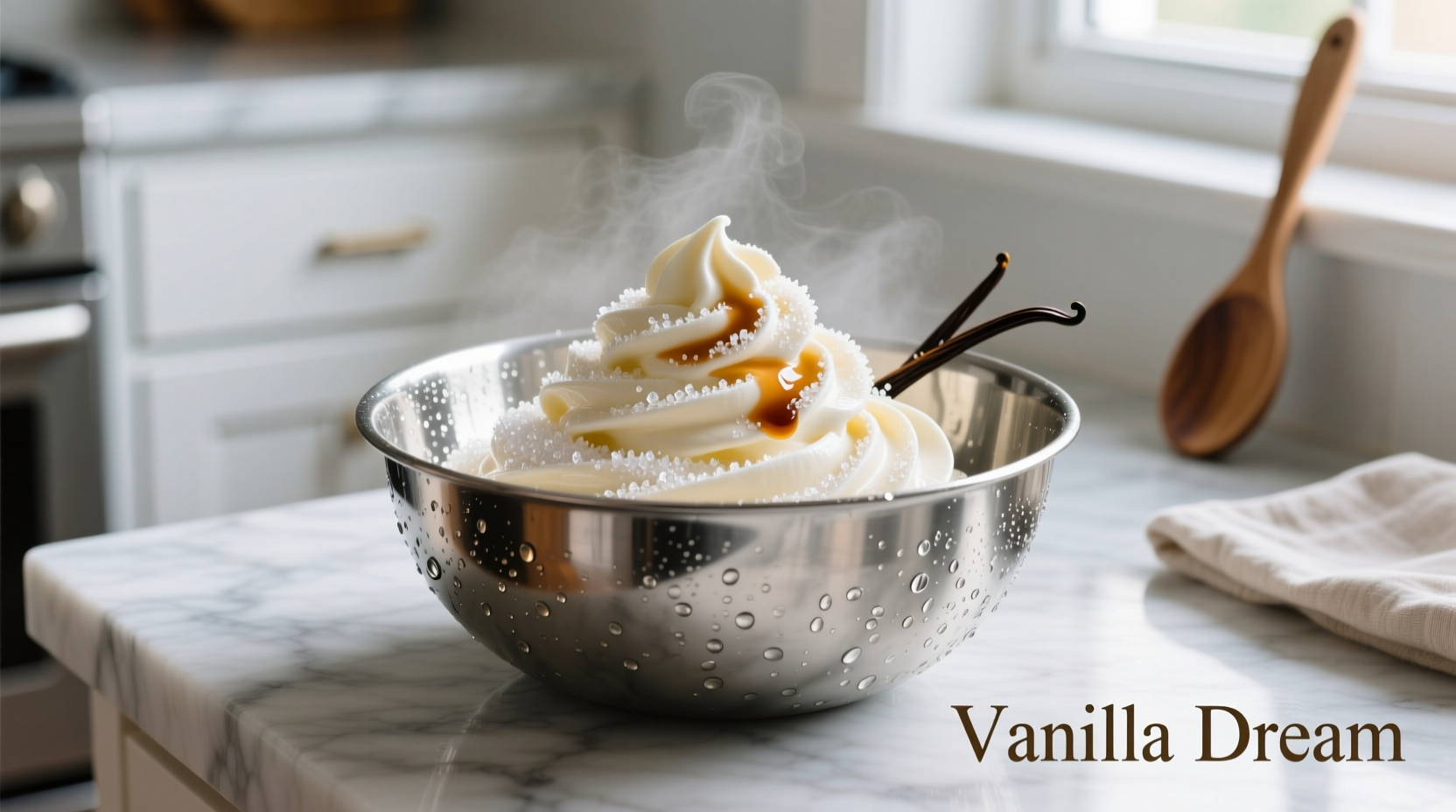 Chilled metal bowl with heavy cream sugar and vanilla