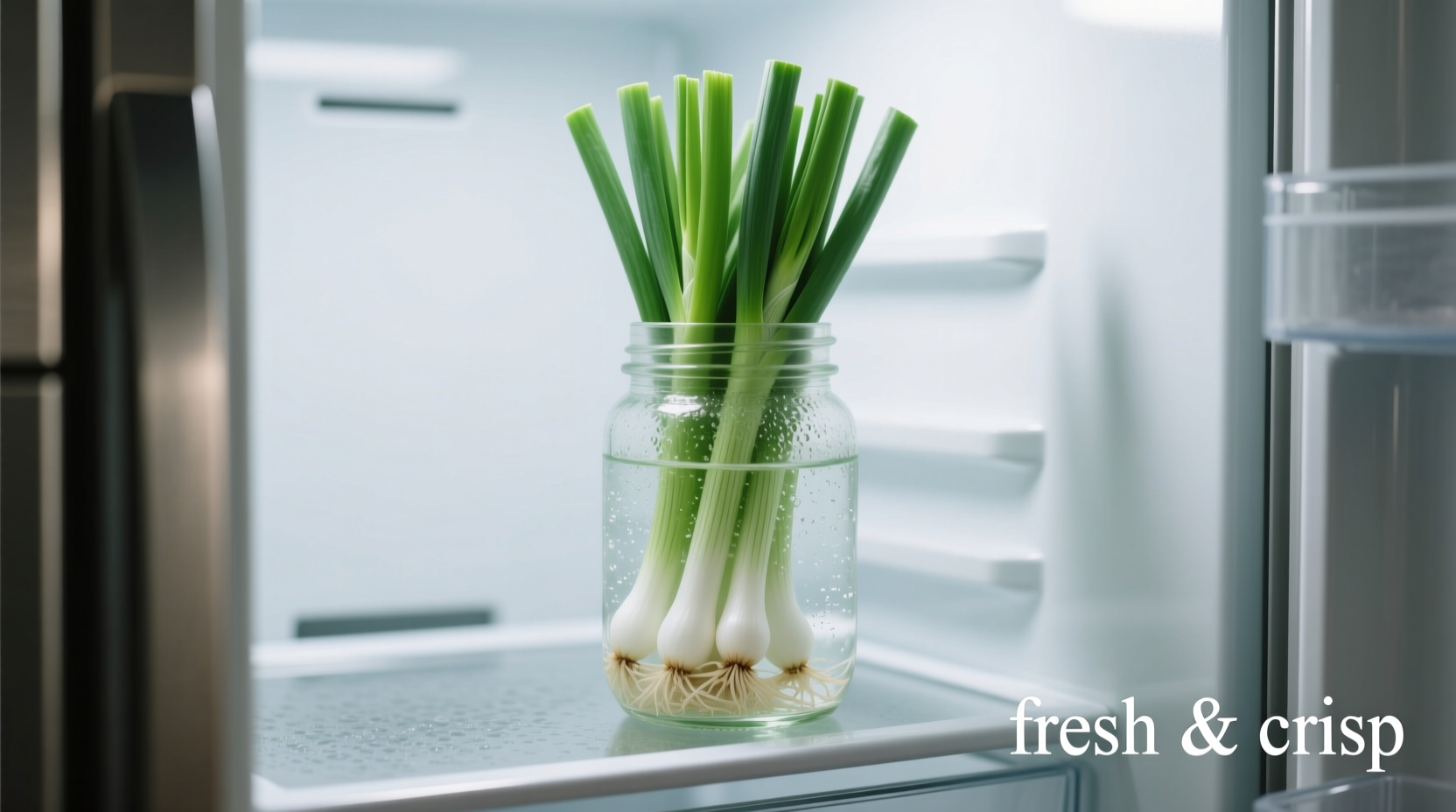 Green onions stored upright in water glass in refrigerator