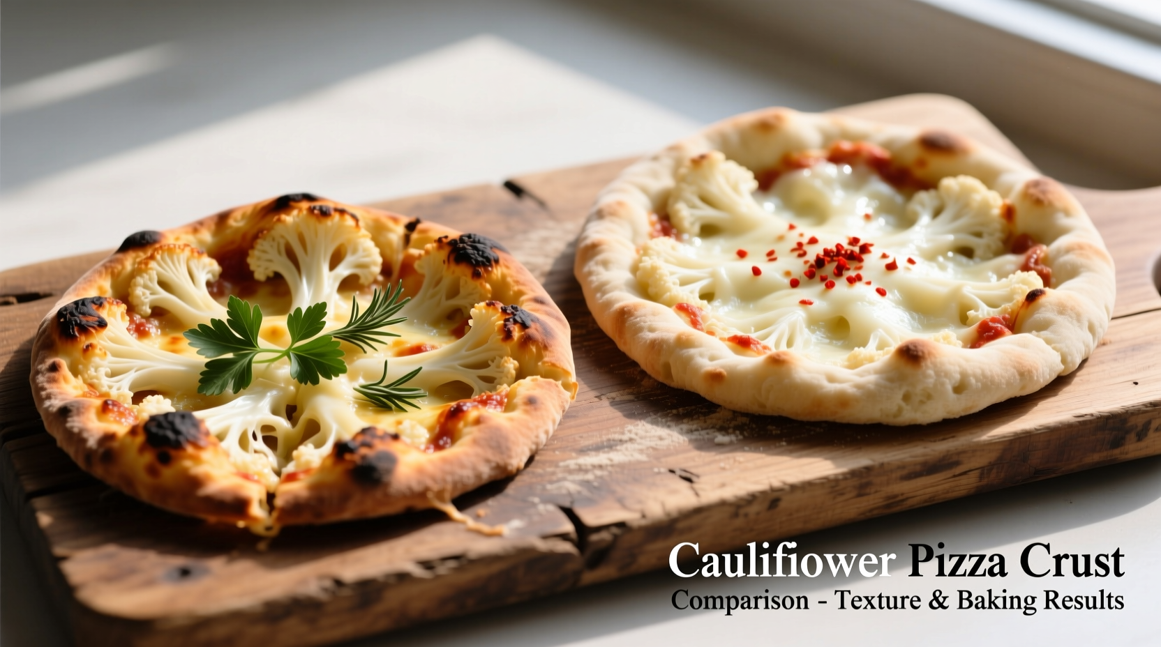 Cauliflower pizza crust comparison on wooden board