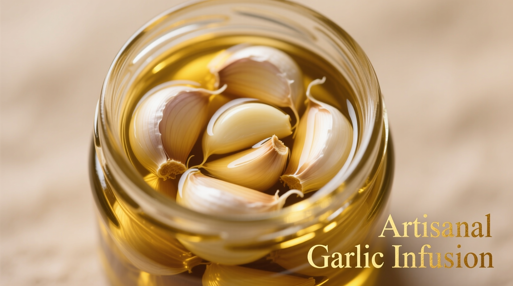 Golden garlic cloves submerged in olive oil in small jar