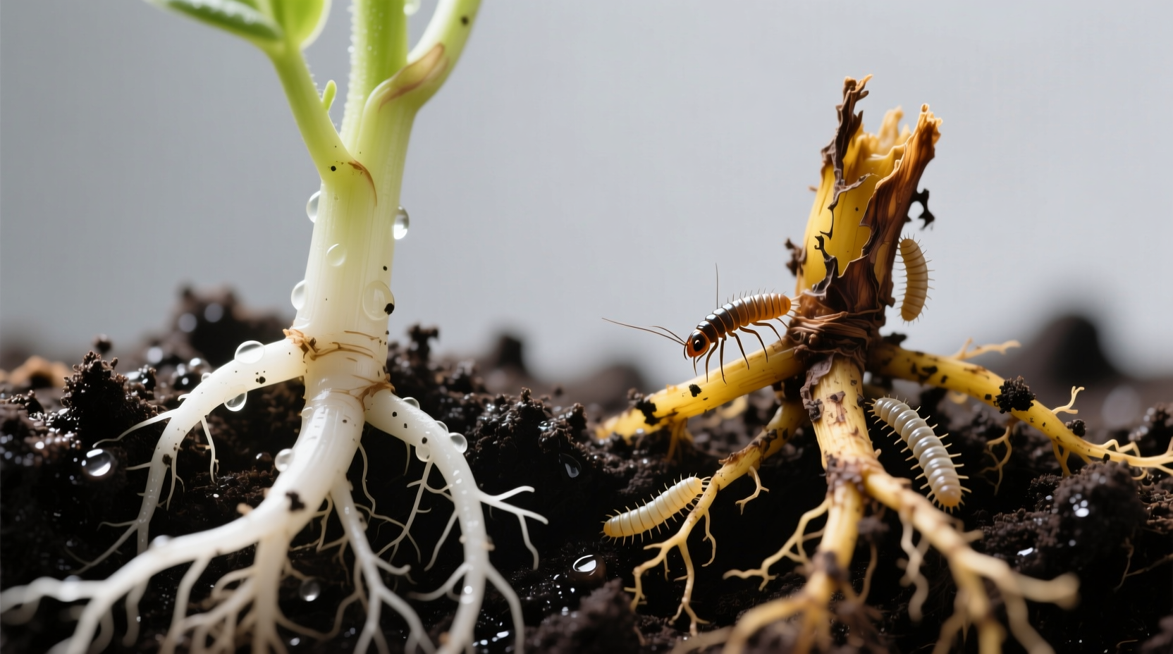 Side-by-side: healthy plant roots vs. gnat-damaged roots with visible larvae