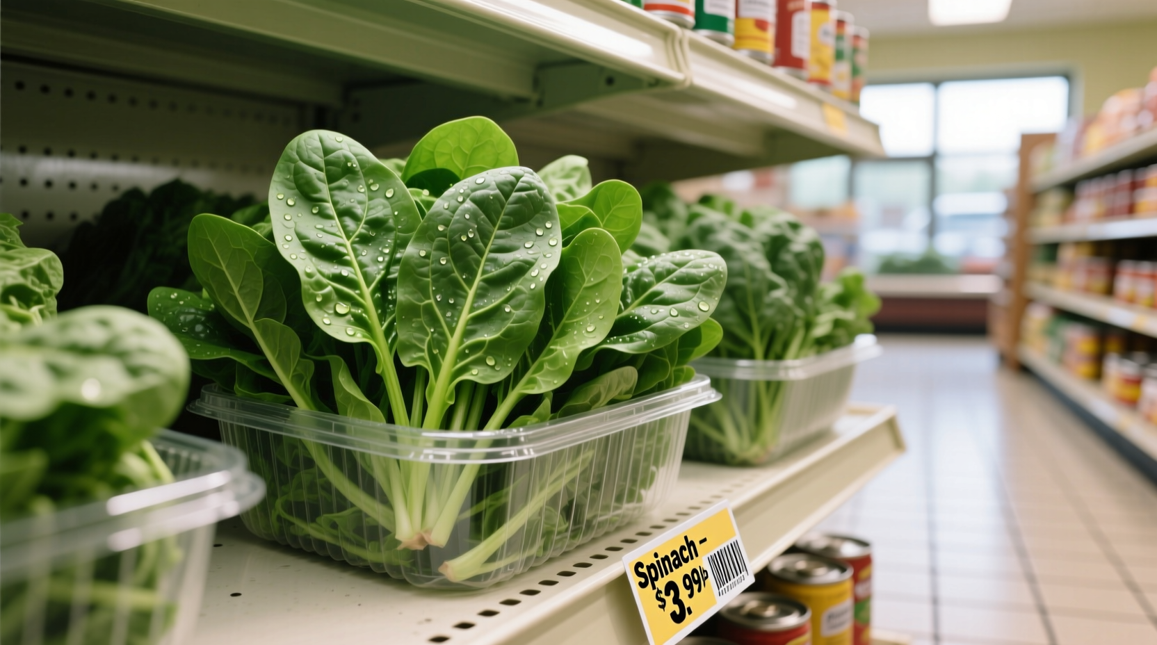 Fresh spinach in grocery store display