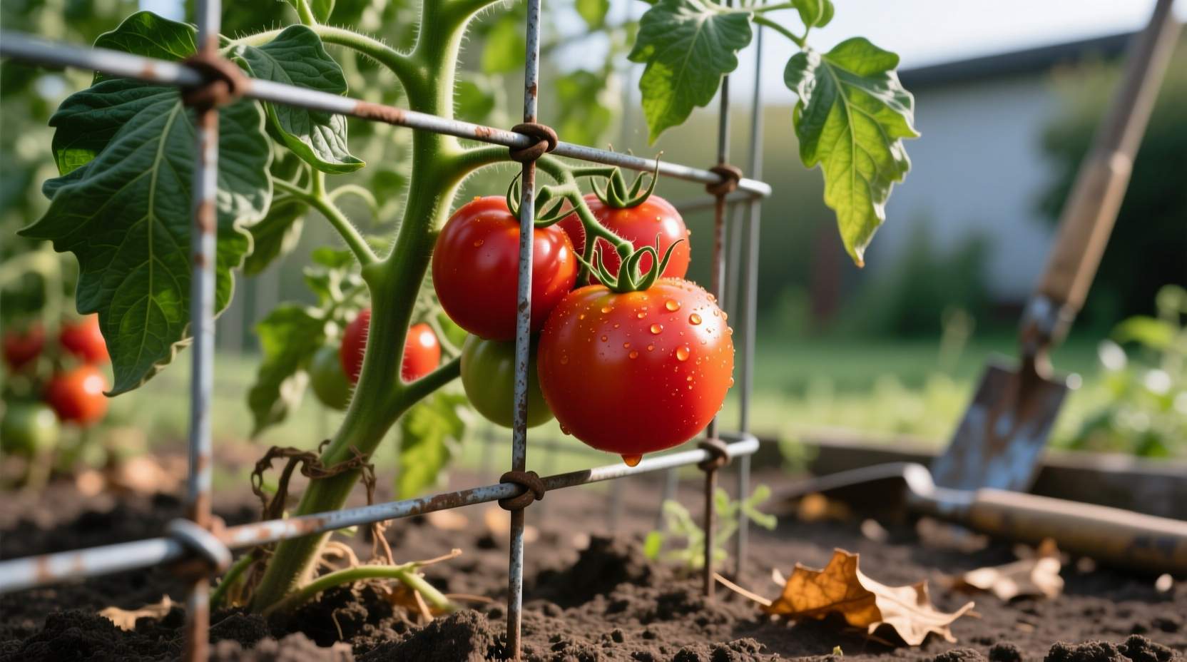 Tomato plant growing through wire cage with ripe fruit