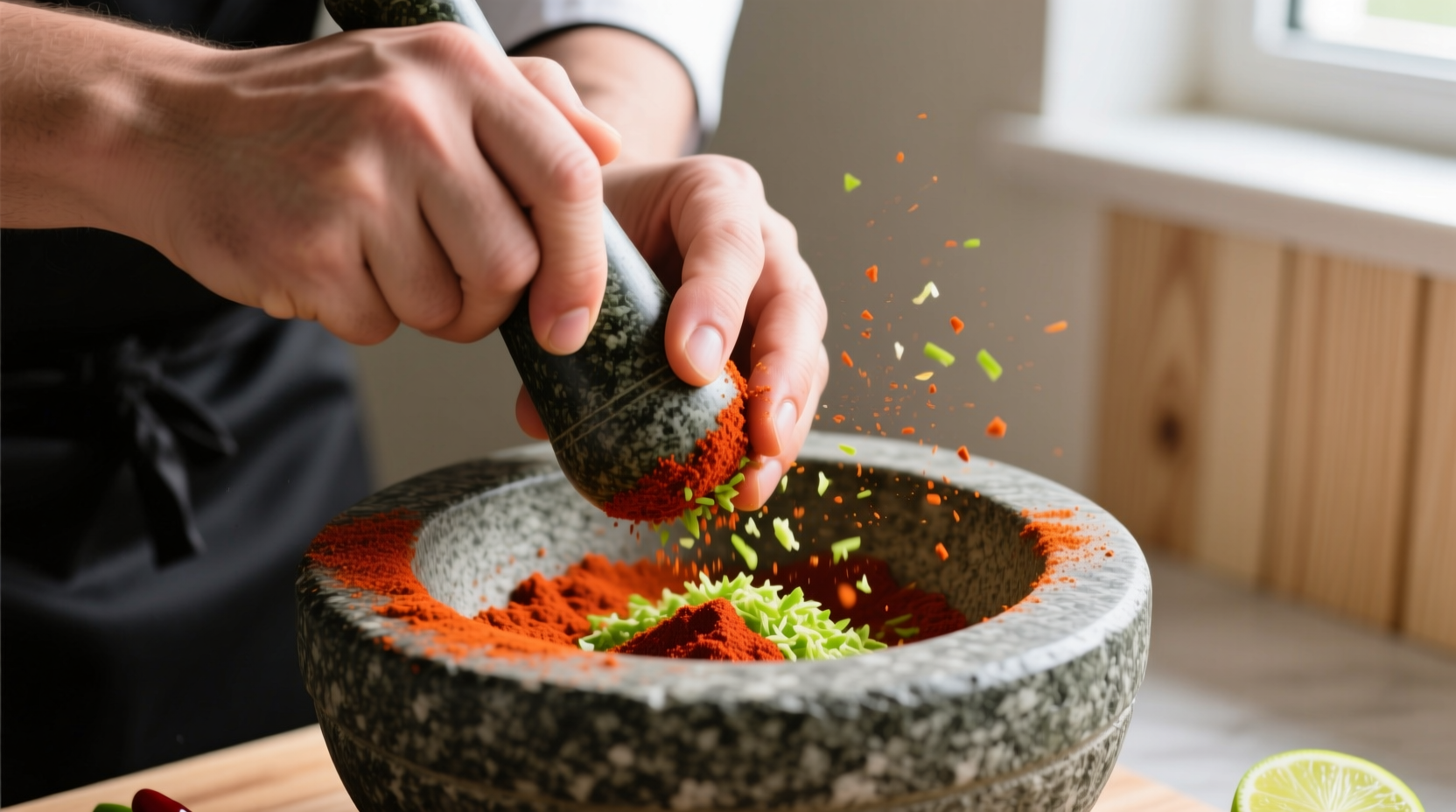 Chef hand mixing chipotle powder and lime zest in a mortar for fish taco seasoning