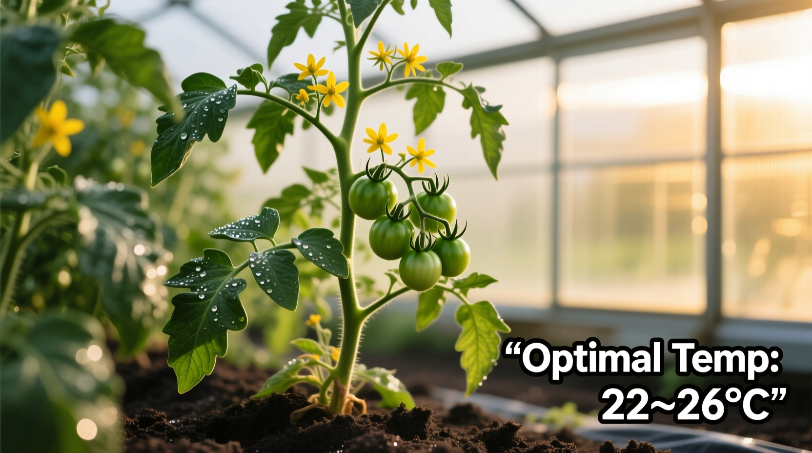 Tomato plants showing healthy growth in optimal temperature conditions